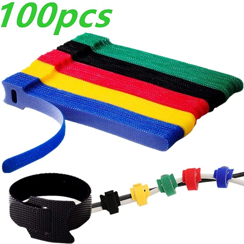 100 PCS Reusable Fastening Cable Ties 7-Inch Adjustable Cord Ties Microfiber Hook Loop Cords Management Wire Organizer Wraps (Assorted Colors)