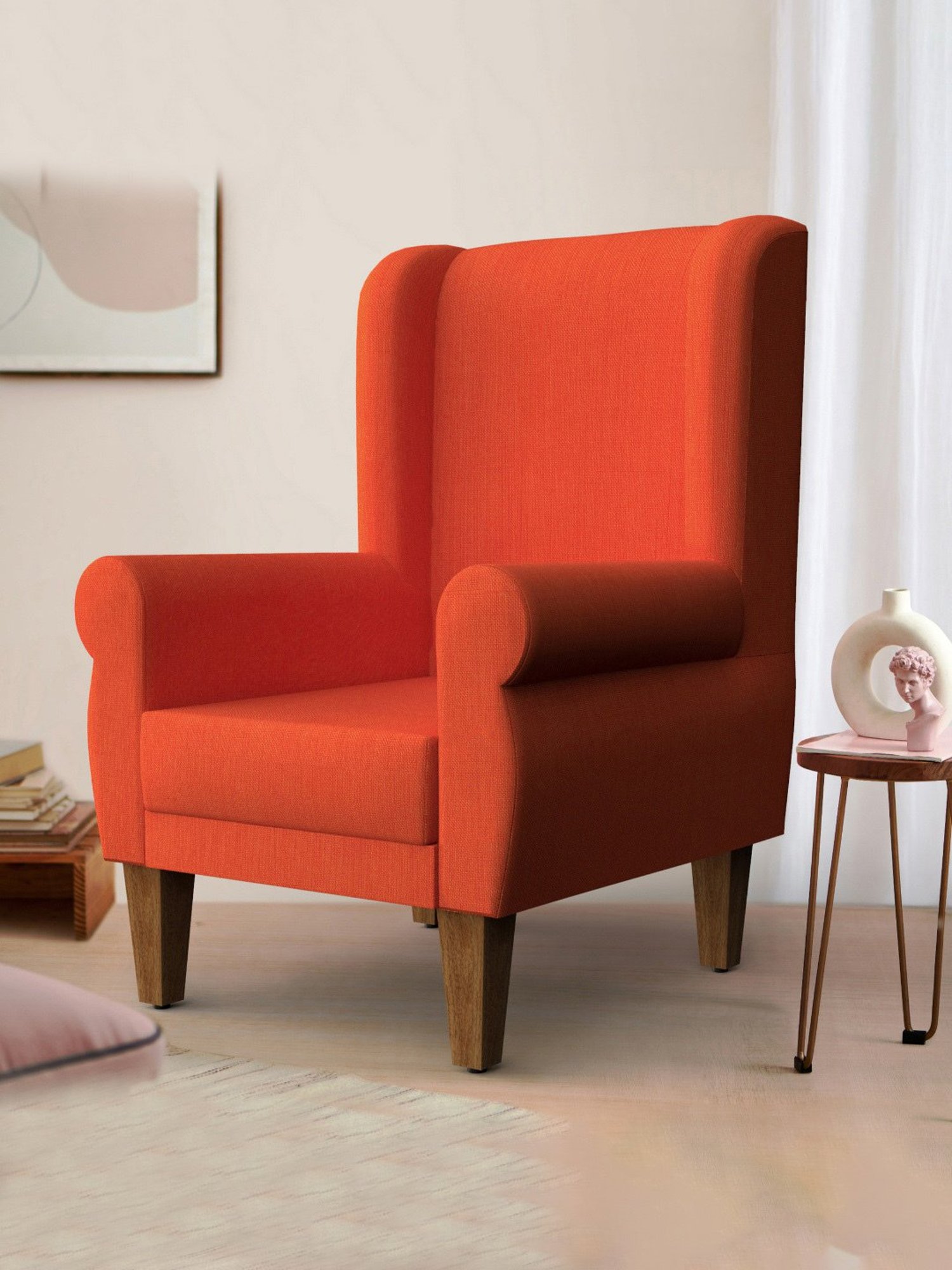 Chumbak Caribbean Solid Coral Sheesham Wood Begum Wing Chair