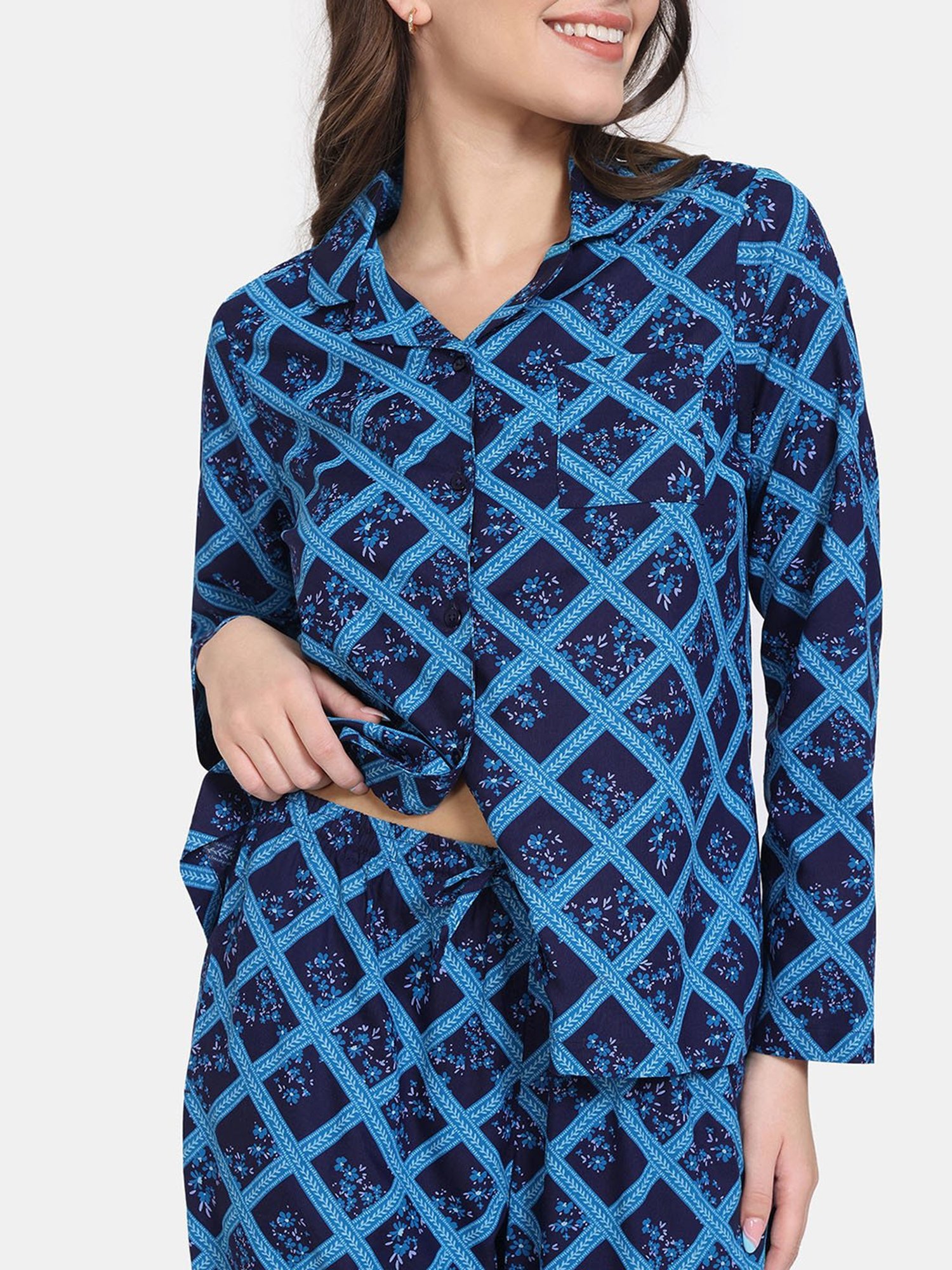 Zivame Blue Printed Shirt With Pyjamas