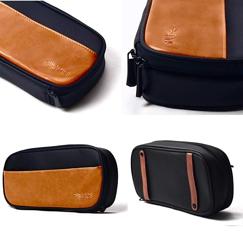 Leather Canvas Electronics Organizer Case Accessories Bag W 3 Leather Cable Straps | Tech Gadget Zipper Pouch| for Cord Phone Tablet Laptop Chargers Power Bank