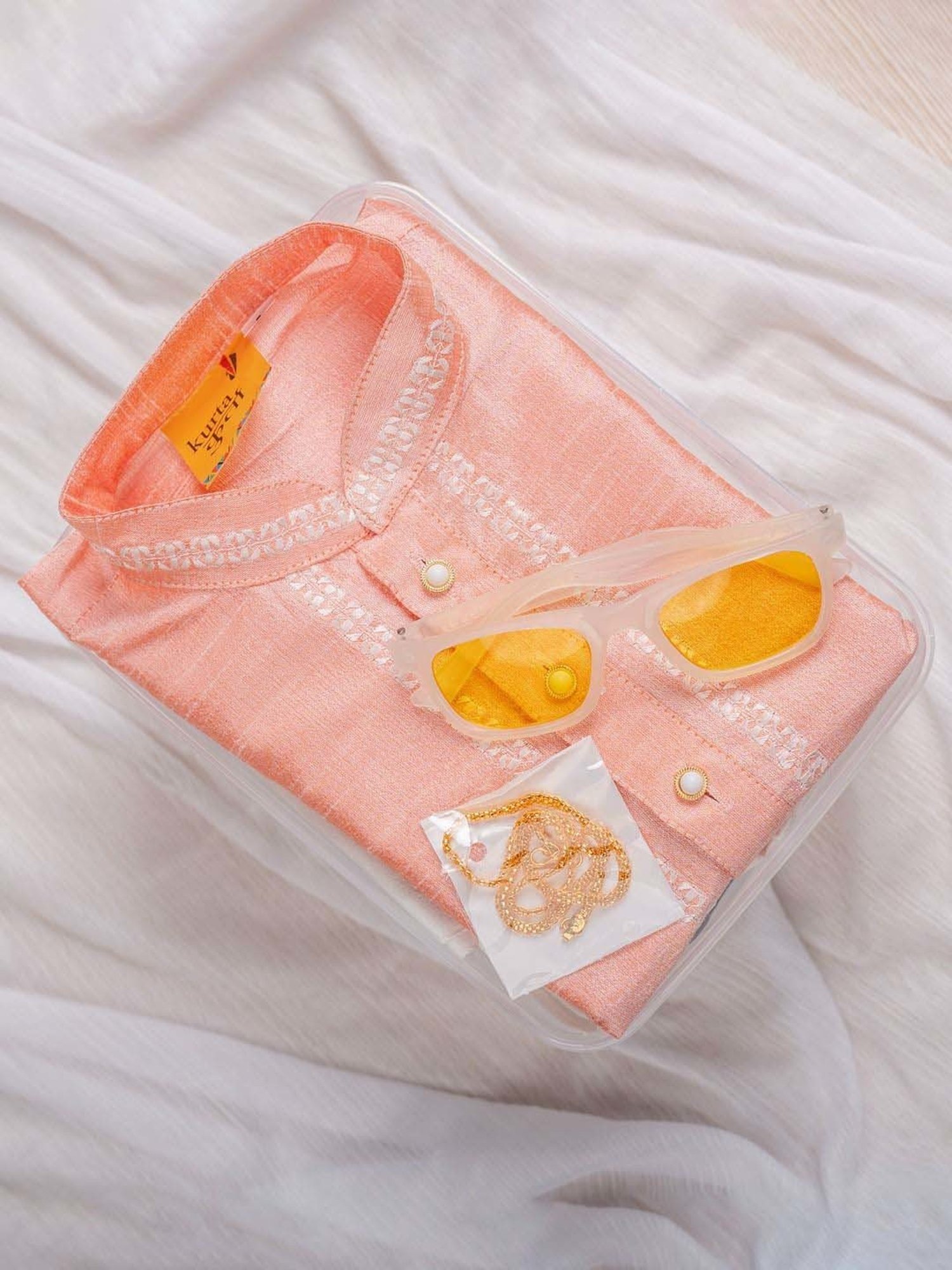 Baby Moo Kids Peach & White Regular Fit Full Sleeves Kurta Set