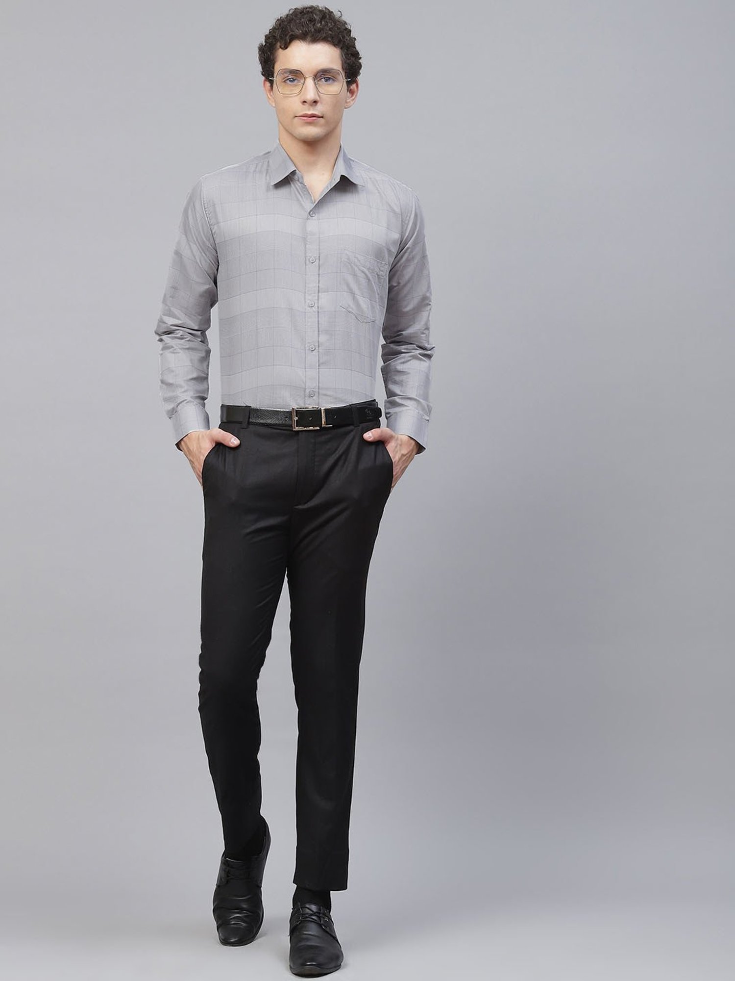 ManQ Grey Regular Fit Checks Shirt