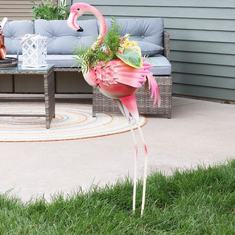 Sunnydaze Metal Pink Flamingo Outdoor Garden Statue with Flowerpot - 36"