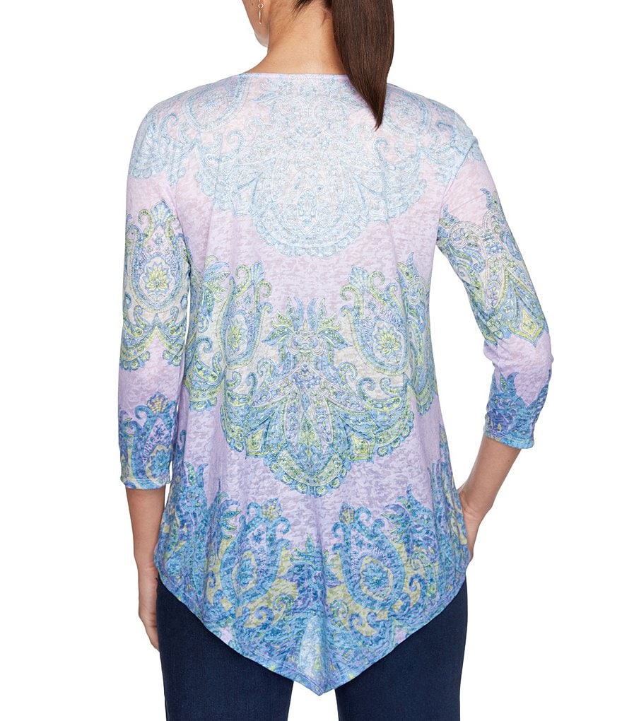 Calessa Petite Size Matte Jersey Knit Button Front Roll Tab Blouse