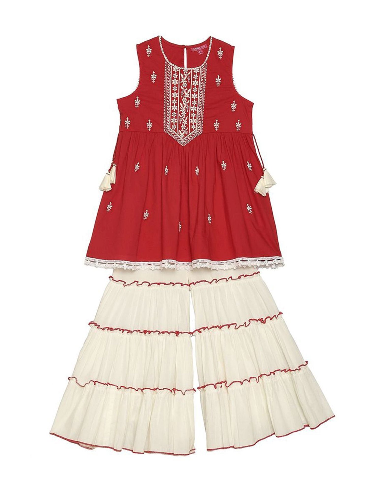 Biba Girls Red & White Cotton Embroidered Kurta Set