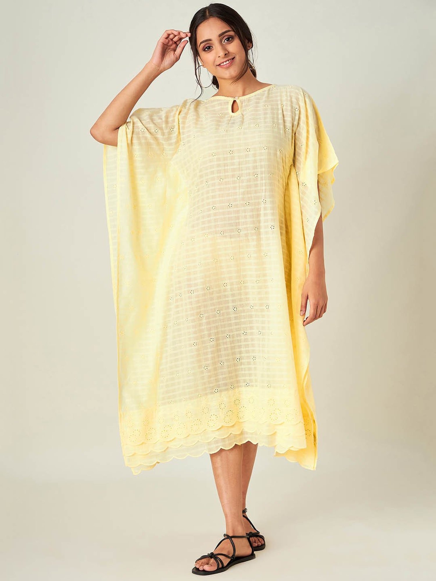 The Kaftan Company Yellow Embroidered Kaftan Dress