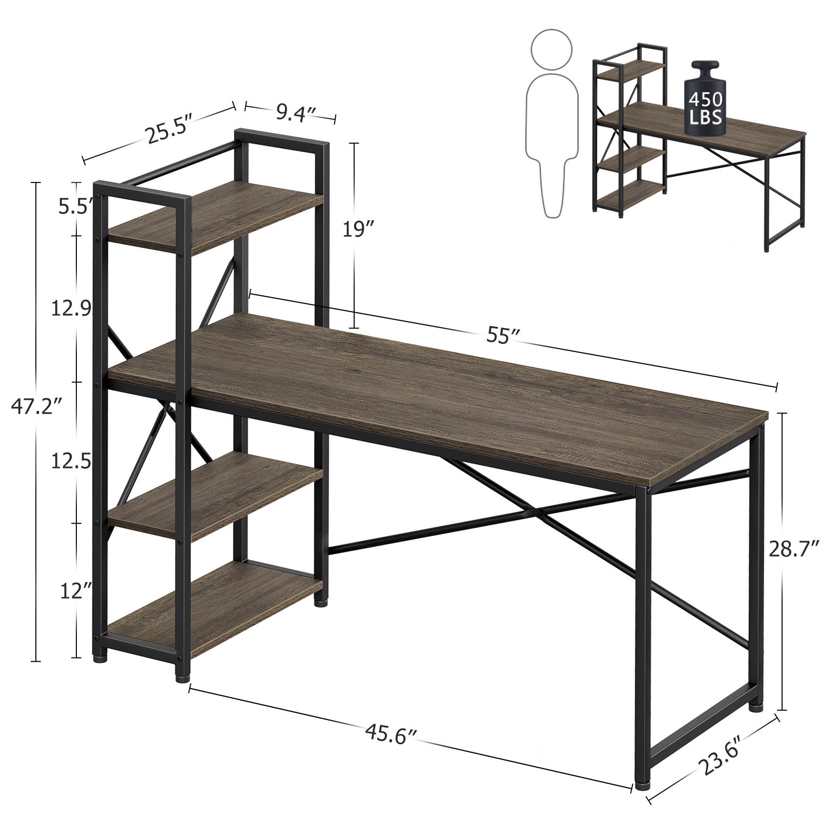 HOMEMAX Computer Desk with Shelves 55.1" Writing Study Table with Adjustable Storage Modern Home Office Desk with Reversible Bookshelf Rustic Gray