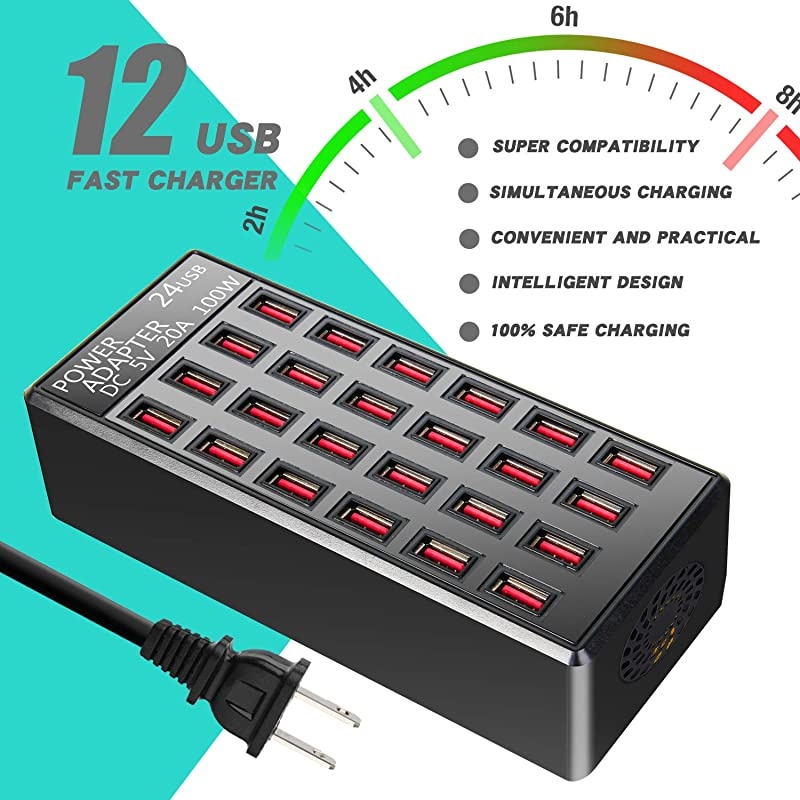 24(20A) Port USB Fast Charging Station,Travel Desktop USB Rapid Charger,Multi Ports Charging Station Organizer Compatible with Smartphones,Tables, and More Devices,fit School,mall,Hotel,Shop