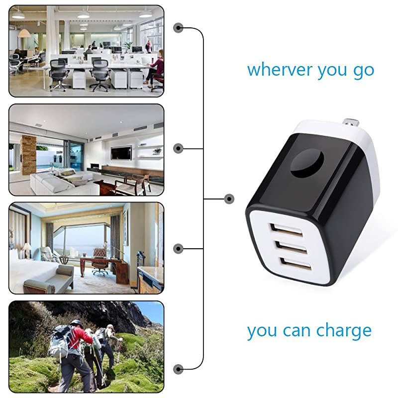 Wall Charger,  2Pack 3.1A 3 Port USB Plug Cube Wall Charger Adapter Charging Block Box Compatible iPhone 11 Pro XS MAX XR X 8 7 6S Plus, Samsung Galaxy S20 FE 5G S10 S9 S8/Note20 Ultra 5G 10 9 8