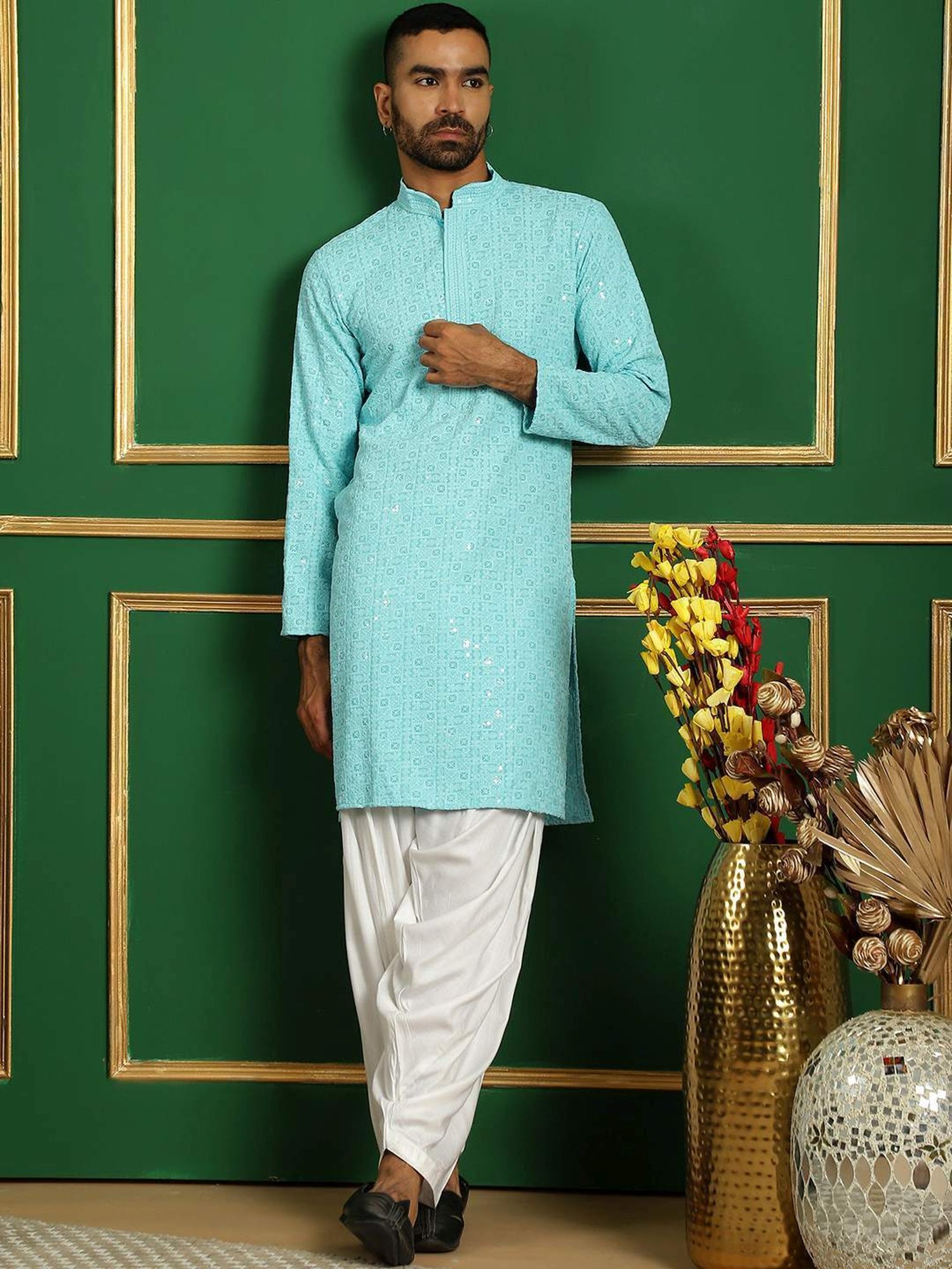 Jompers Blue & White Regular Fit Embroidered Kurta Bottom Set