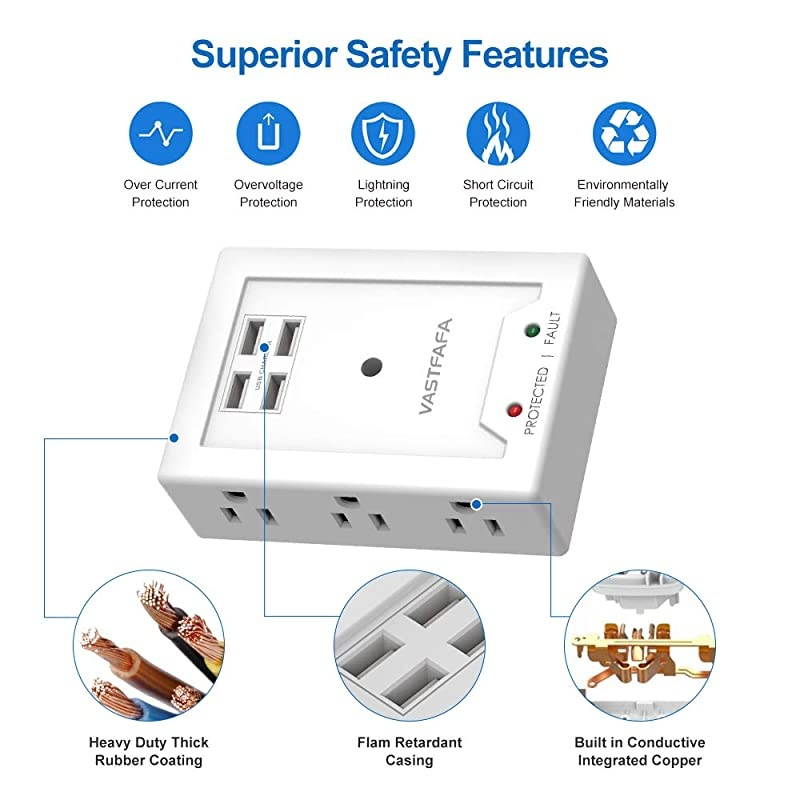 6 AC Outlets Surge ProtectorMulti Outlet Wall AdapterUSB Power Strip Extension Mountable Grounded Surge Protector Portable Outlet Extender for TV Computer Laptops Smartphone White