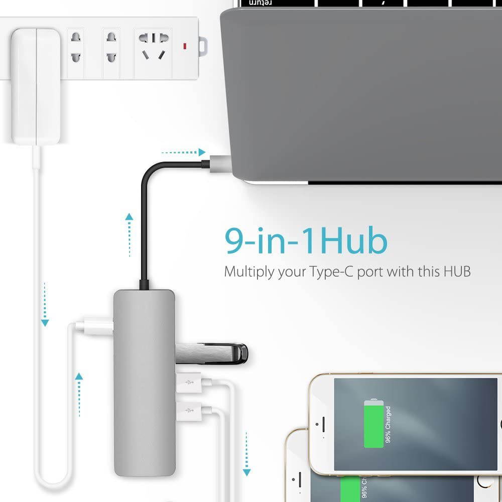 USB C Hub, USB C Adapter 9 in 1 with USB-C Charging, Port of Mic/Audio,3 USB 3.0 Ports, HDMI, SD, Micro SD Compatible for MacBook Pro, Surface Pro,Notebook PC, USB Flash Drives and More