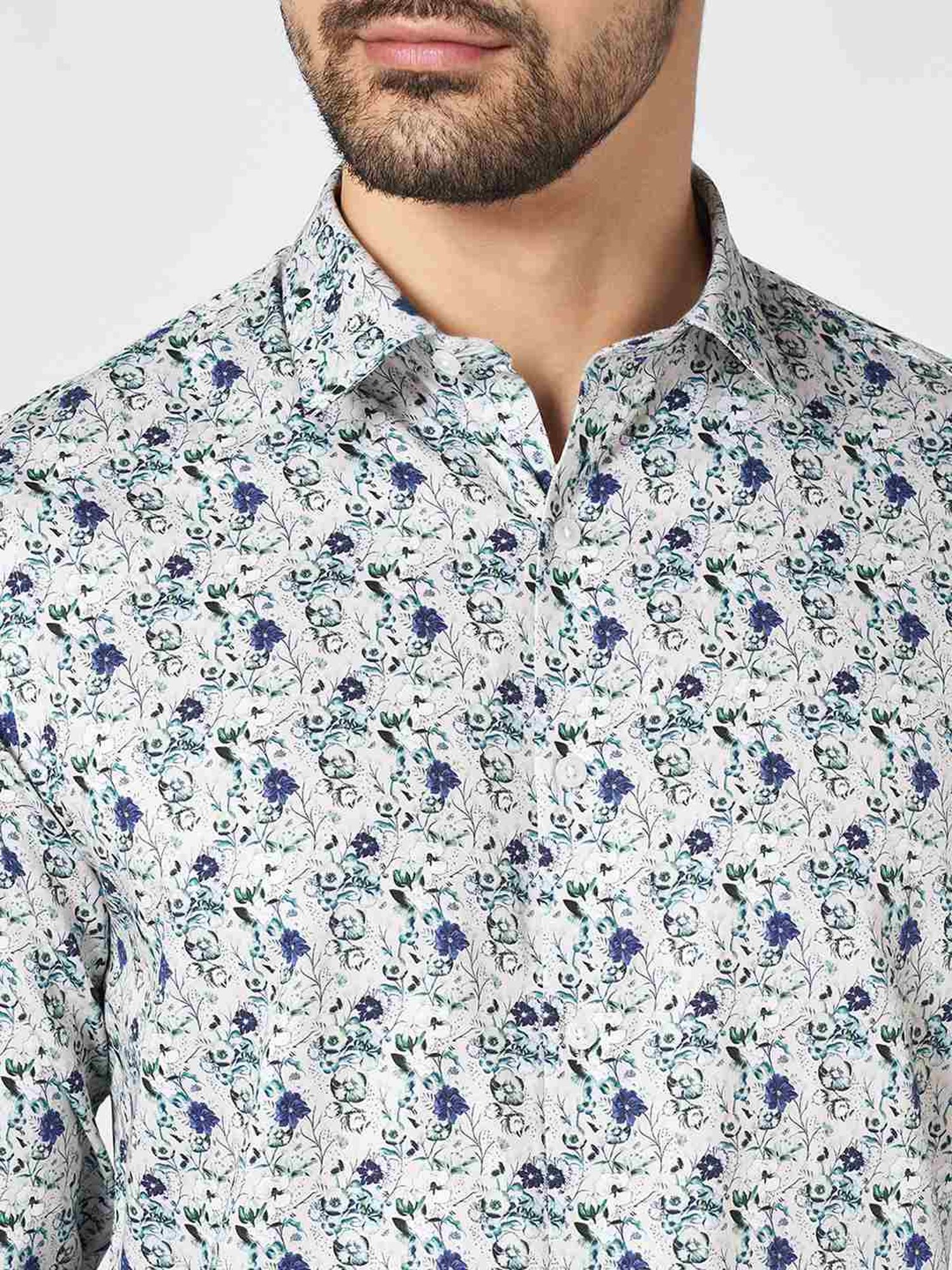 Peregrine By Pantaloons White Cotton Slim Fit Printed Shirt