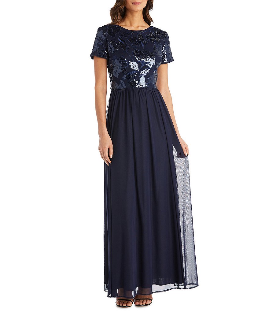 R & M Richards Petite Size Floral Sequin Embroidered Bodice Short Sleeve A-Line Gown