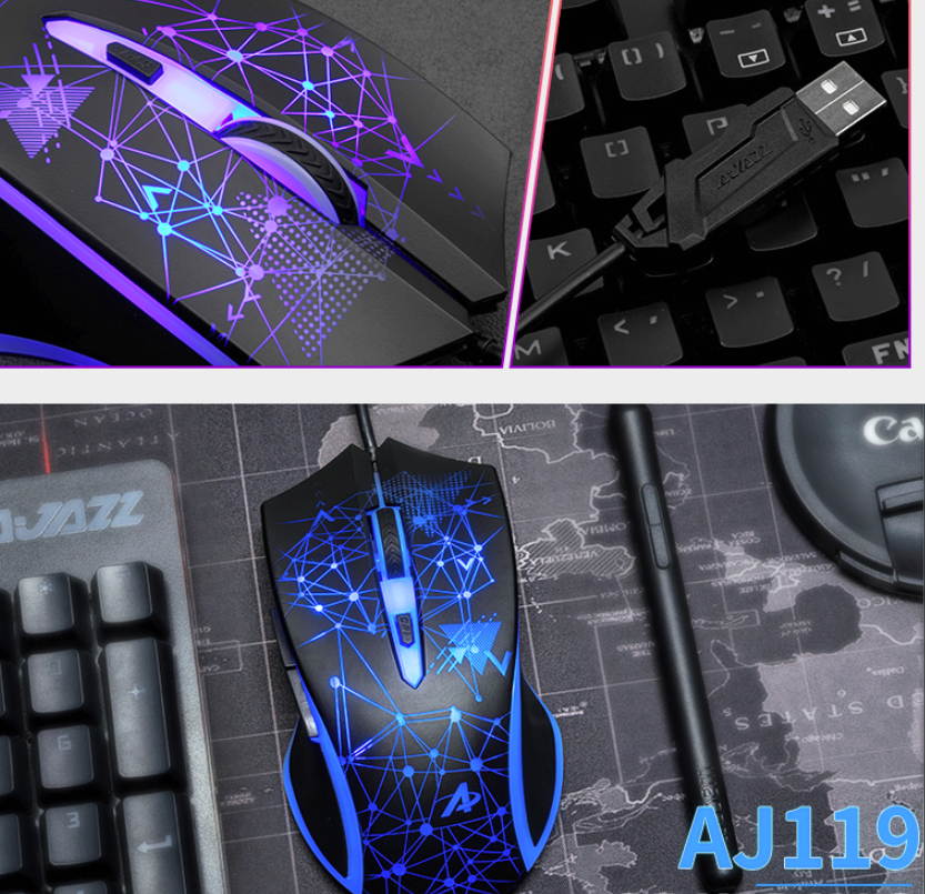 Ajazz AJ119  26 Anti-ghosting Keys, Ergonomic Design, Cool Exterior USB Wired Black Mechanical Green Color Backlit LED Keyboard And 2400DPI  Mouse Combo For Office And Game-Black