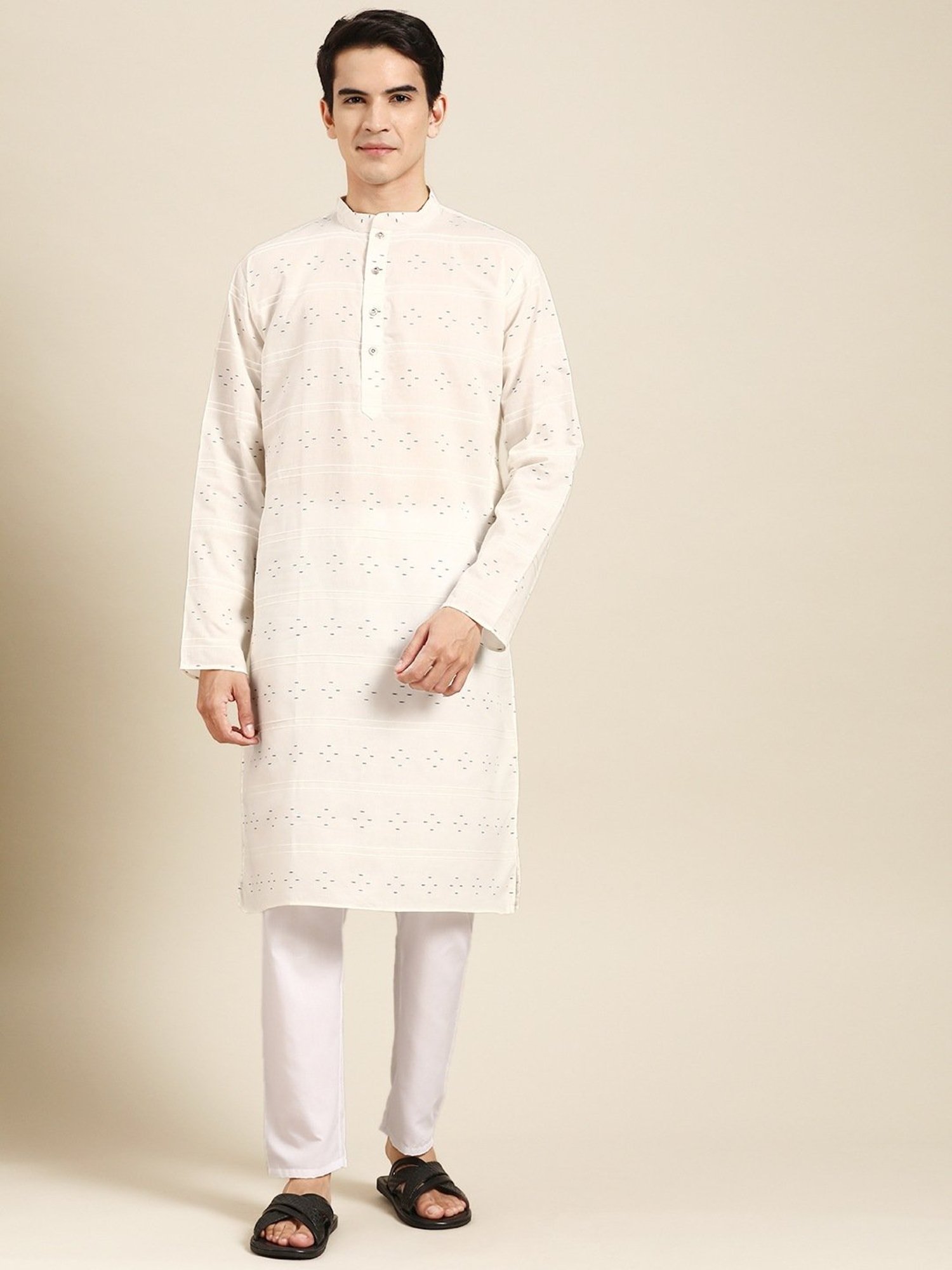 ManQ White Pure Cotton Regular Fit Printed Kurta