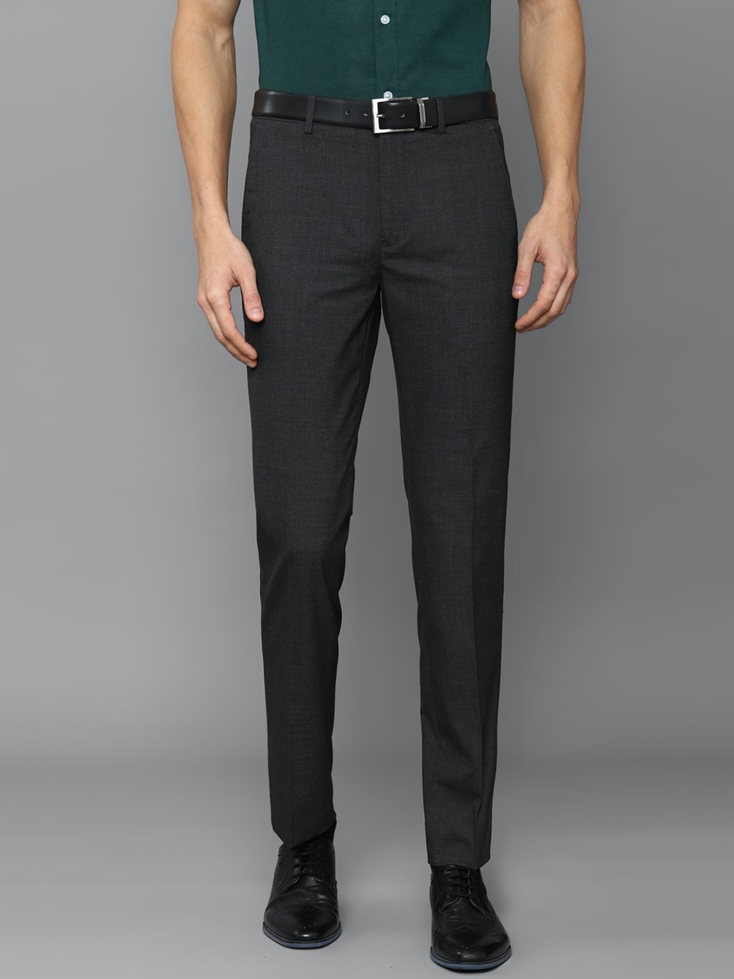 Louis Philippe Dark Grey Slim Fit Flat Front Trousers