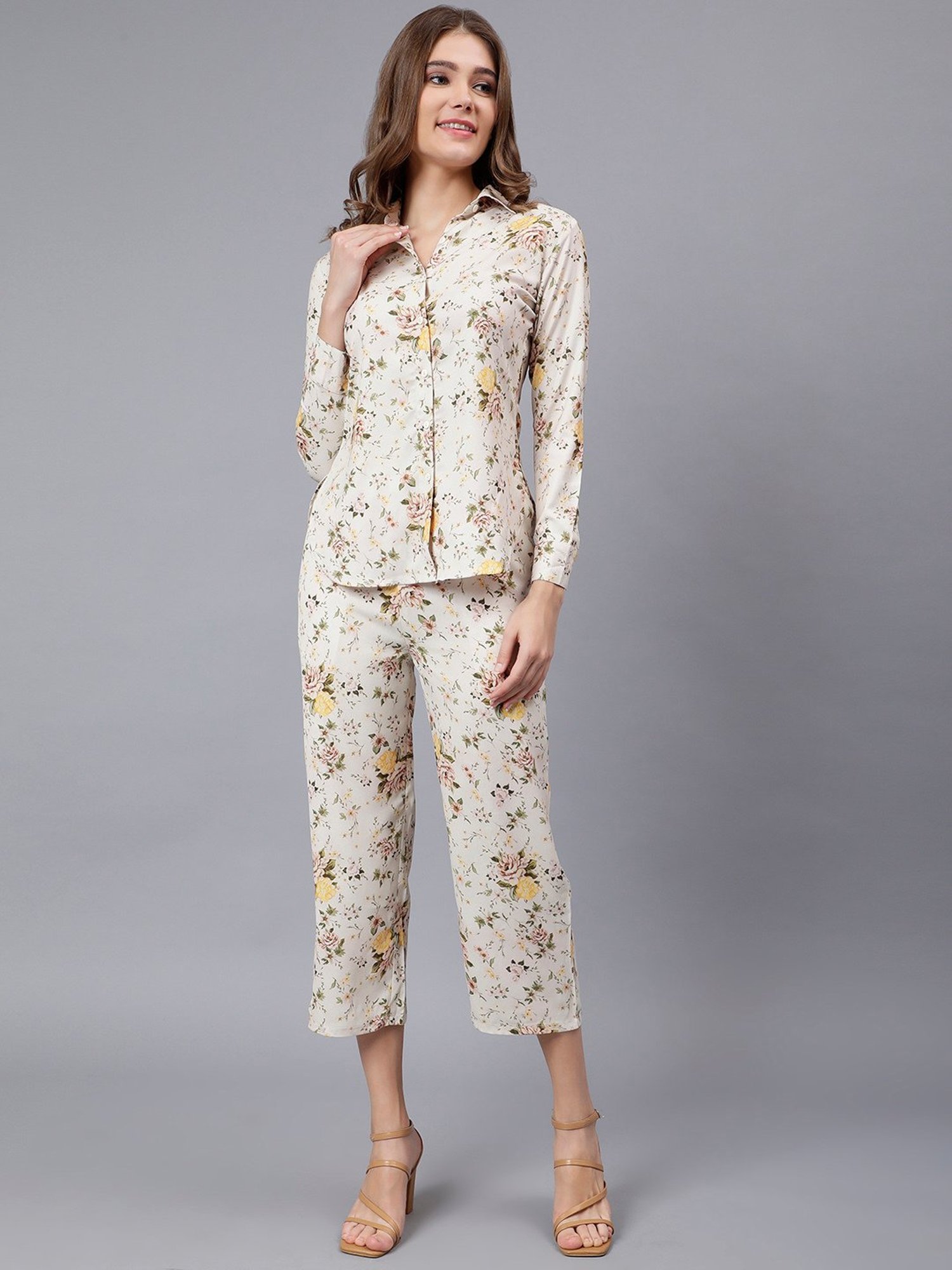 Anvi Be Yourself Cream Floral Print Midi Co-Ord Set