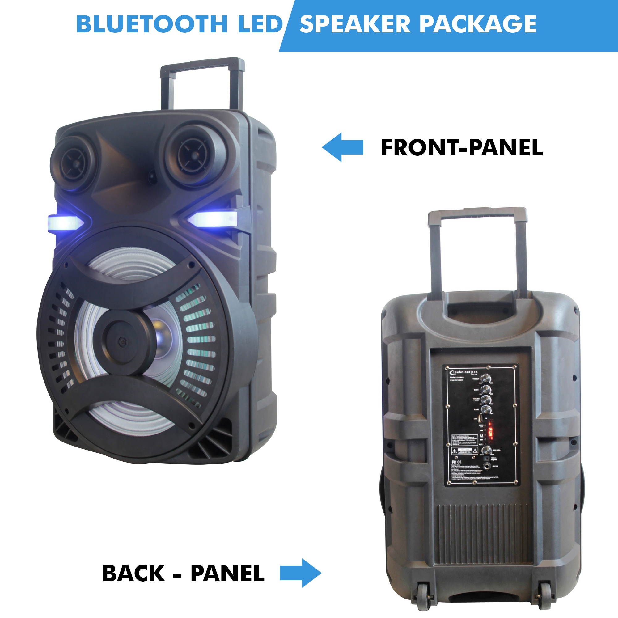 Technical Pro Rechargeable 15 Inch Bluetooth LED Speaker Package with Tripod & Microphone, Bluetooth LED Lights, LED Woofer, Telescoping Handle, SD/ USB Inputs, Tripod Included, TWS Stereo Sound