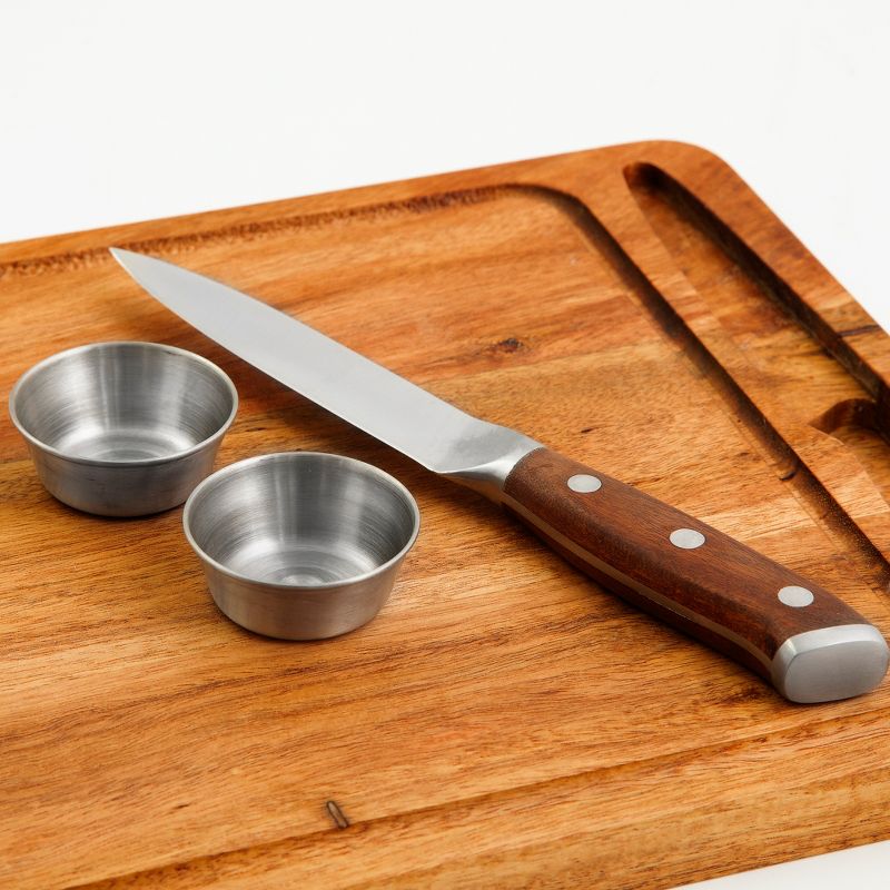 Yukon Glory Premium 100% Acacia Steak Board Set with Juice Groove, Steak Knife, and Condiment Cups