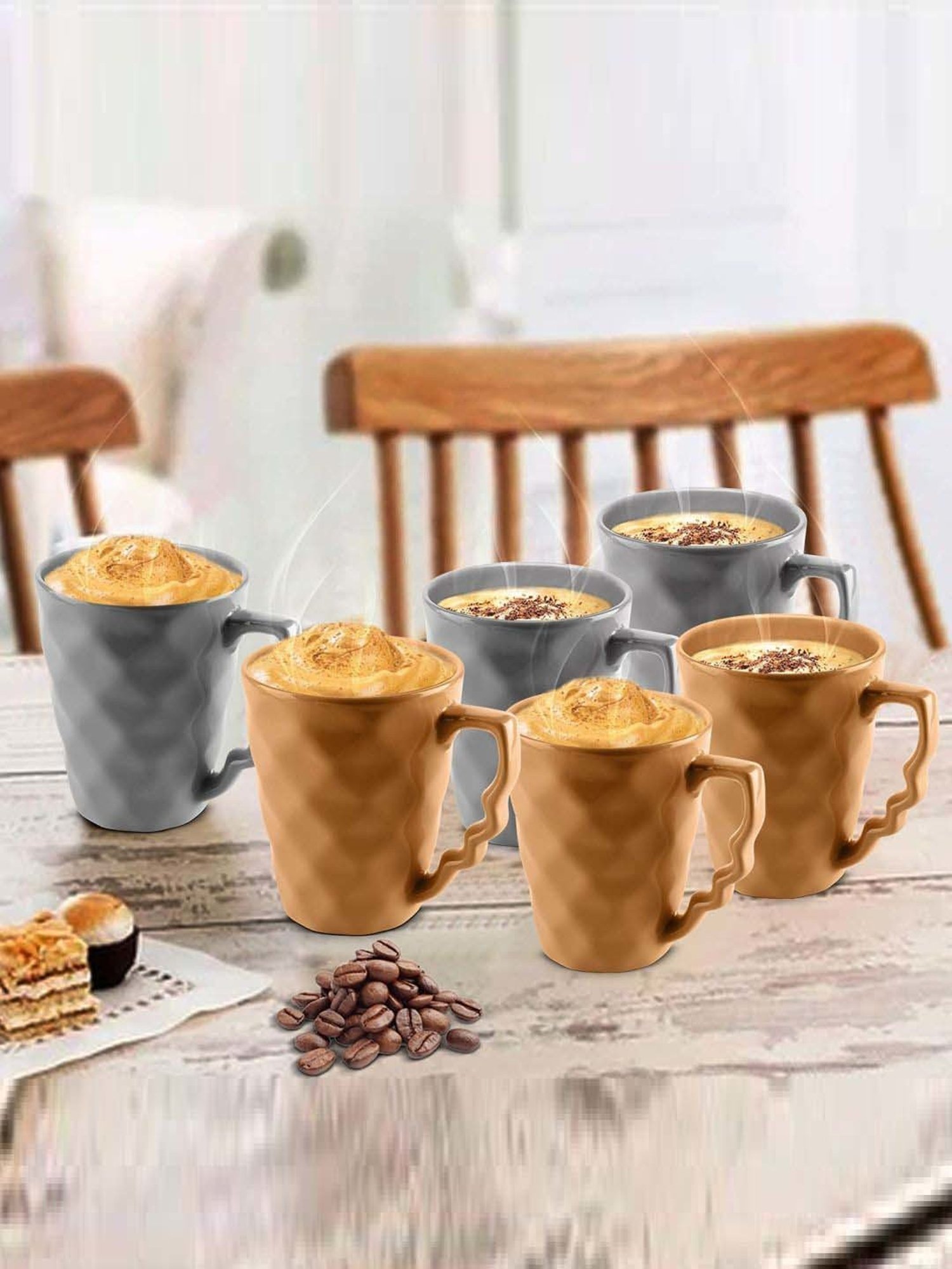 Urban Chef Grey & Brown Ceramic Microwave Safe Coffee Mug (0.225 L) - Set of 6