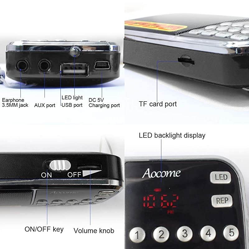 Mini Radio Portable AMFM  Rechargeable Radio High Powered Speaker Music Player Support Micro SDTF Auto Scan Save USB Transmit Data LED Display and Headphone Jack Function BM8 Black