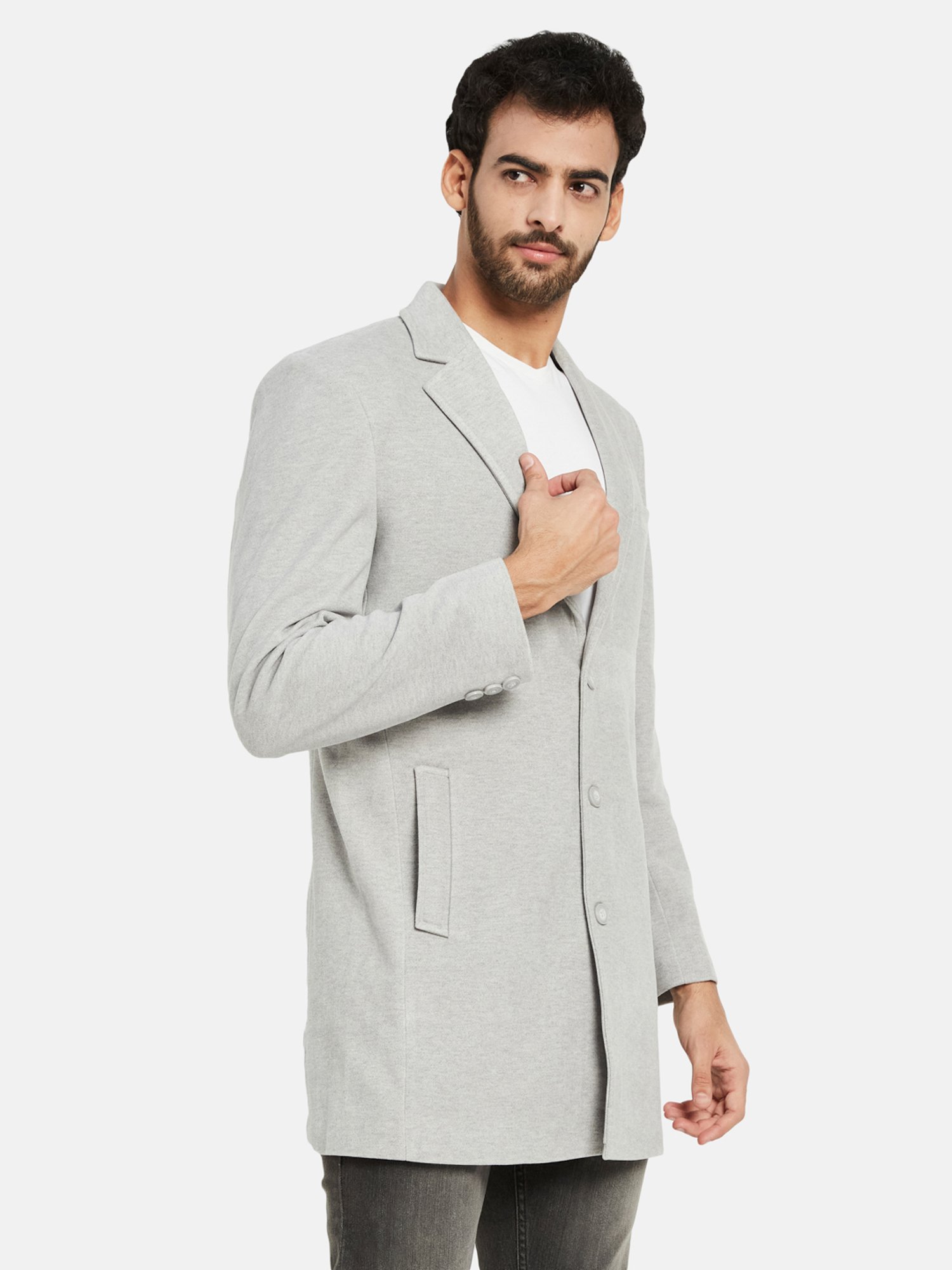 METTLE Light Grey Regular Fit Notch Lapel Overcoat