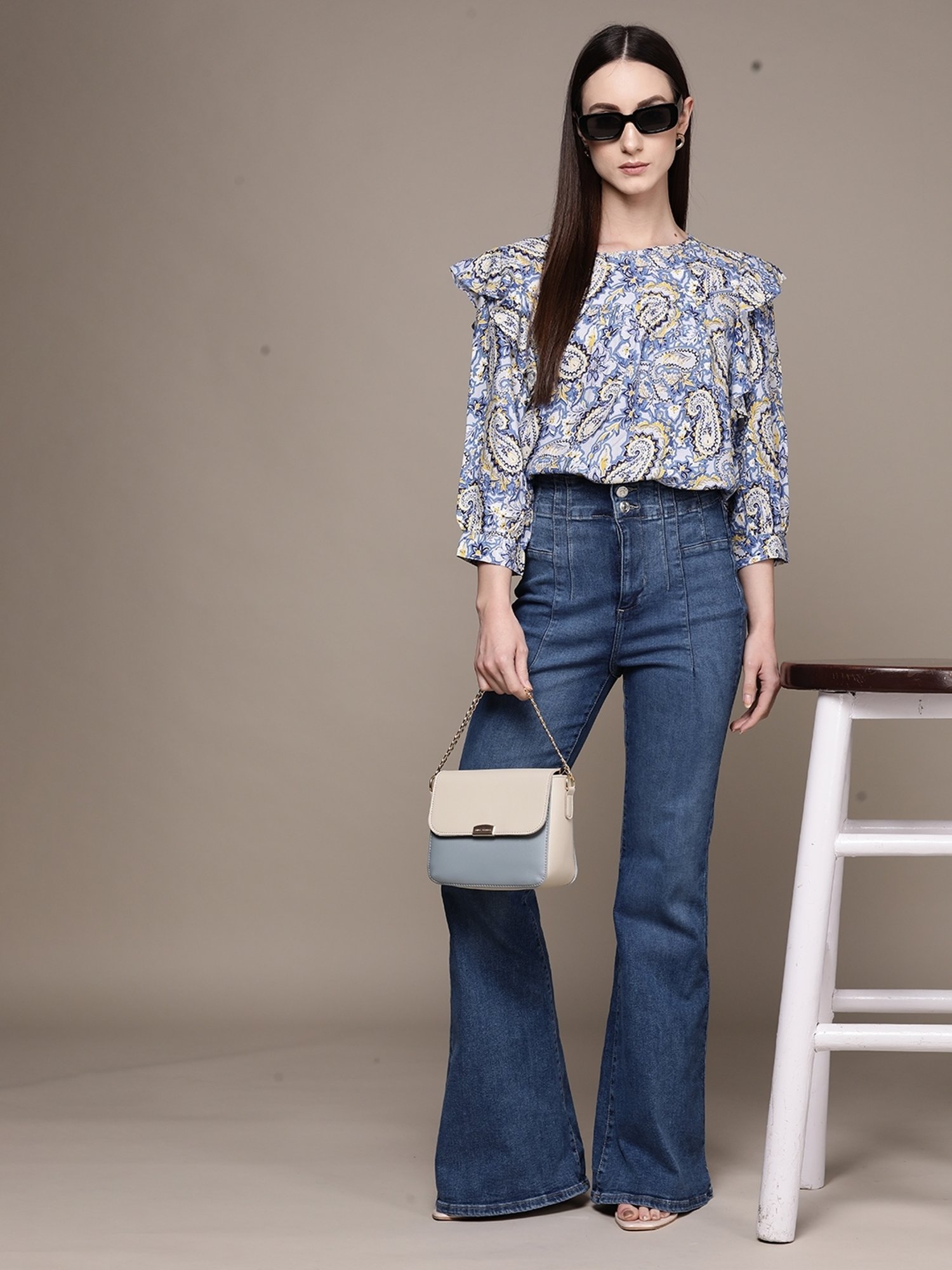 Label Ritu Kumar Navy Blue Rayon Paisley Top