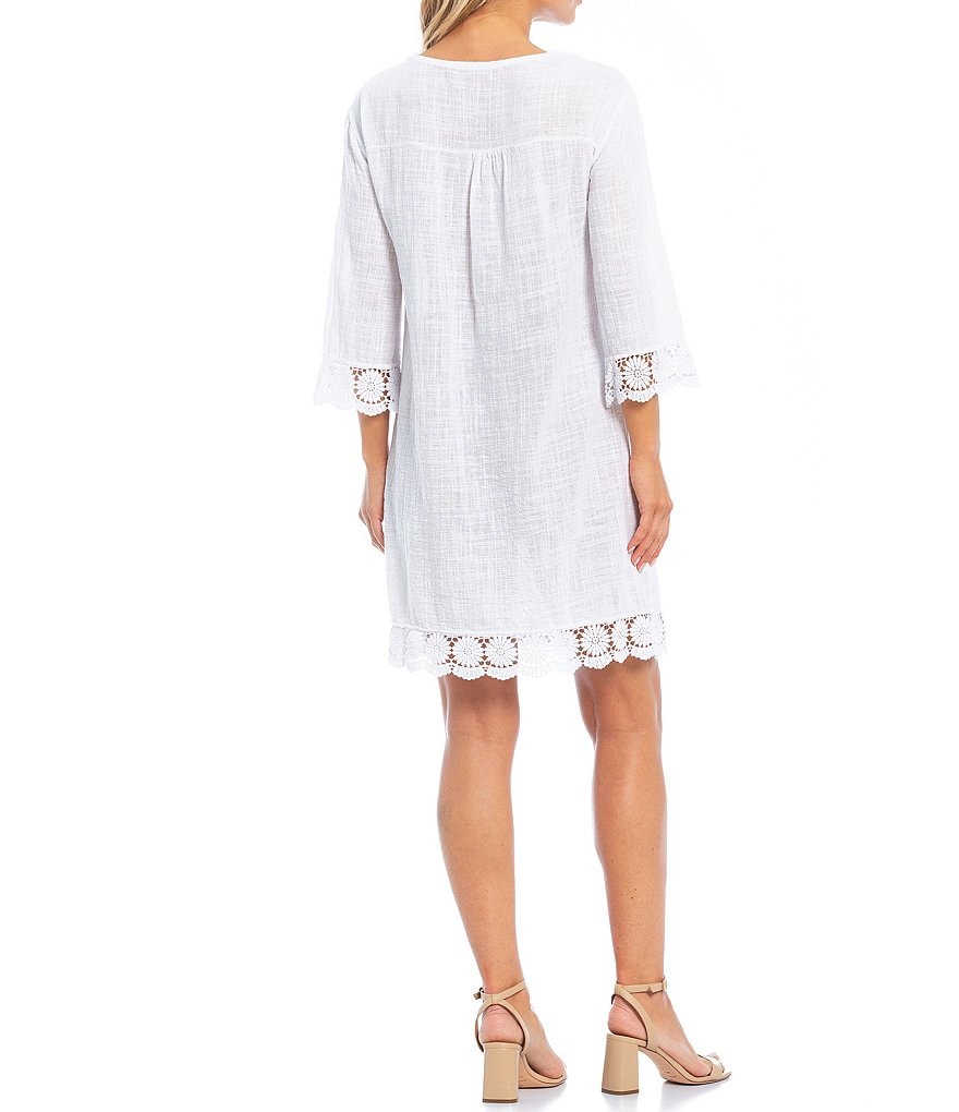 M Made In Italy Crochet Lace Trim Cotton V-Neck 3/4 Short Sleeve Shift Dress