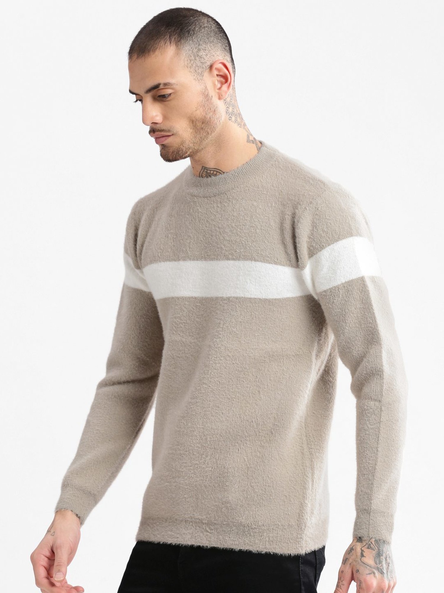 Showoff Beige Slim Fit Colour Block Sweater