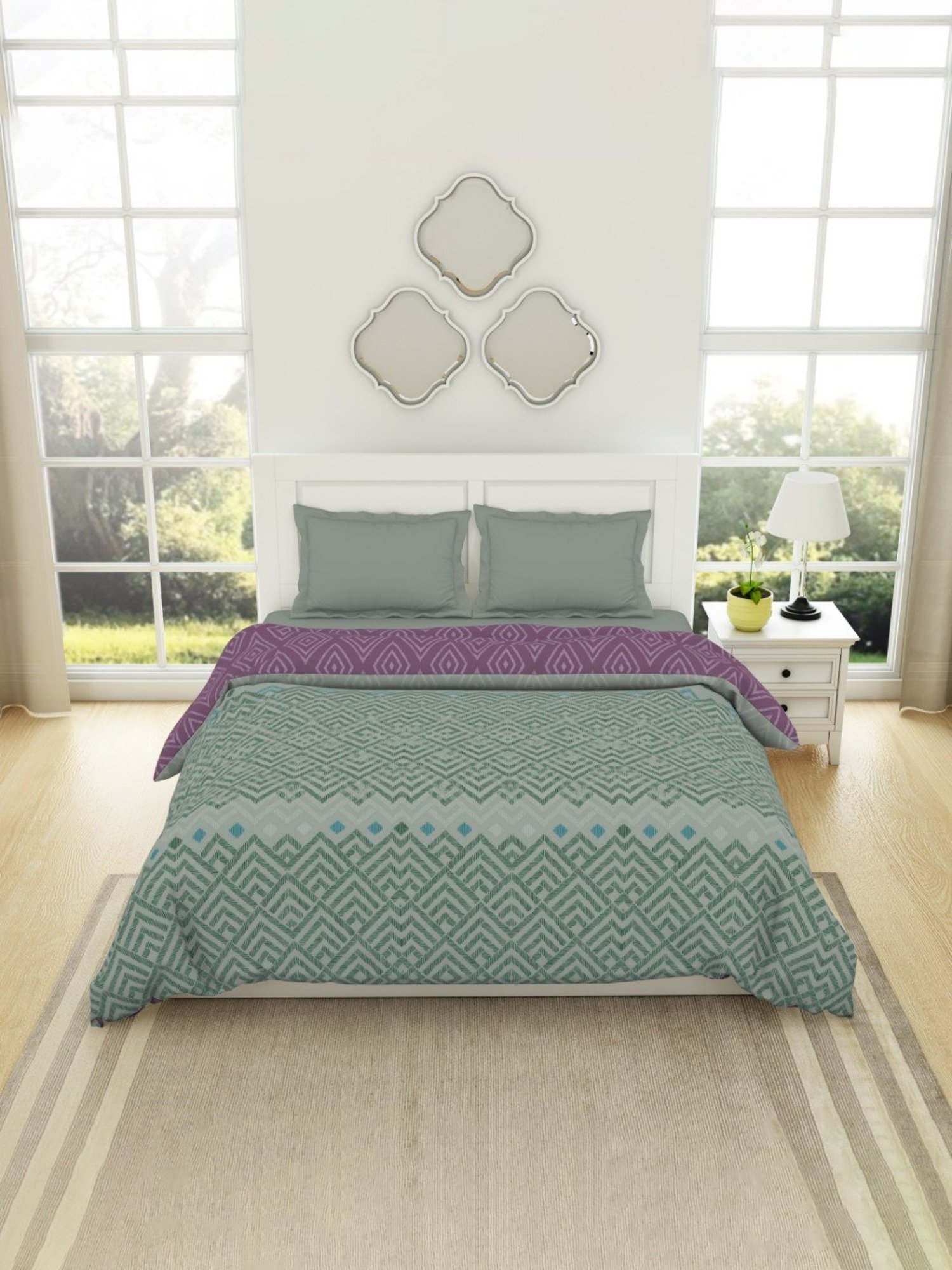 Spaces Geospace Geometric Teal & Purple 144 TC Cotton Double Bed Quilt