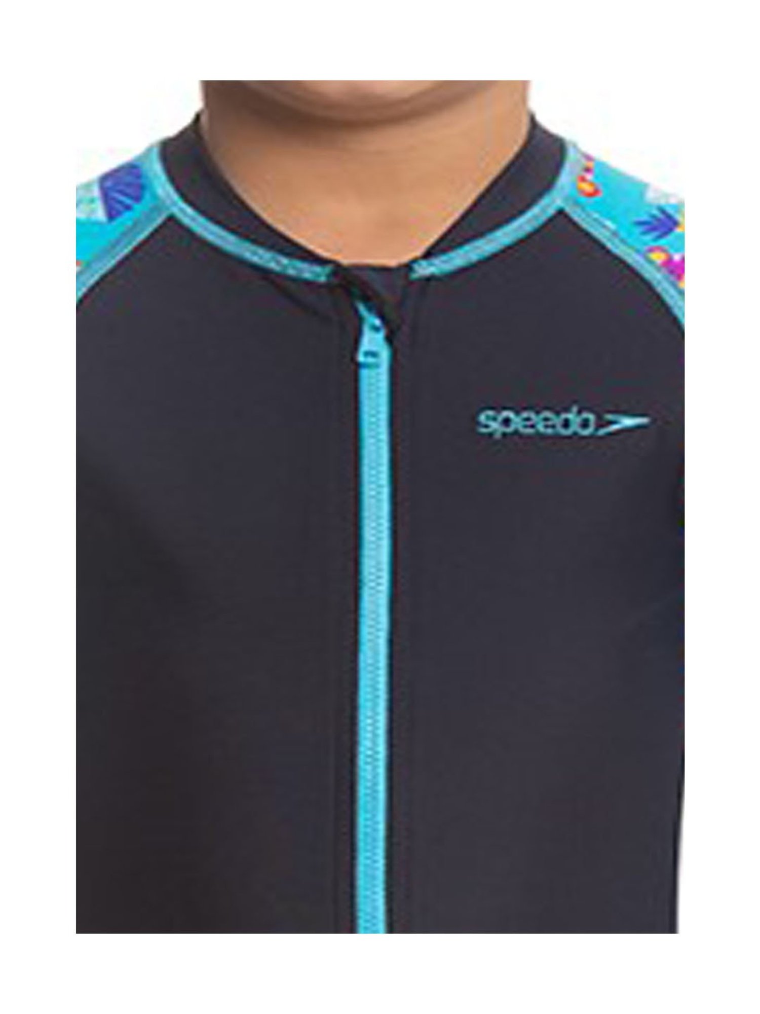 Speedo Kids Blue & Black Color Block Full Sleeves Swimsuit