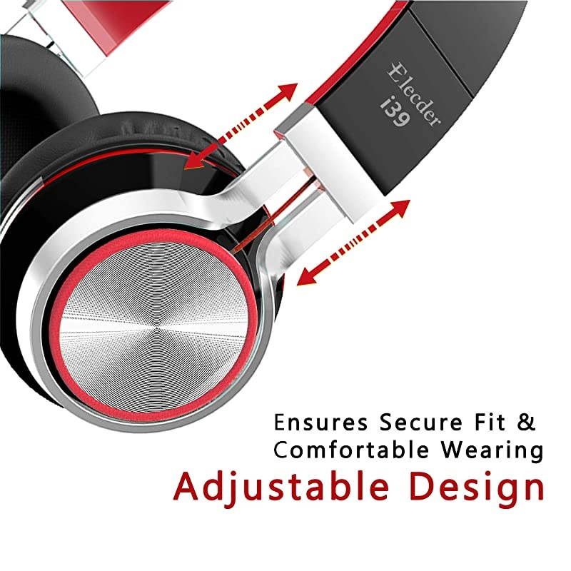 i39 Headphones with Microphone Foldable Lightweight Adjustable On Ear Headsets with 35mm Jack for Cellphones Computer MP34 Kindle School RedBlack