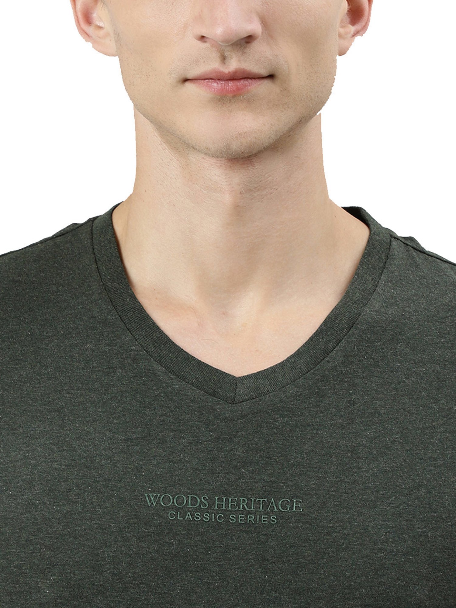 Woods Olive Melange V-Neck T-Shirt