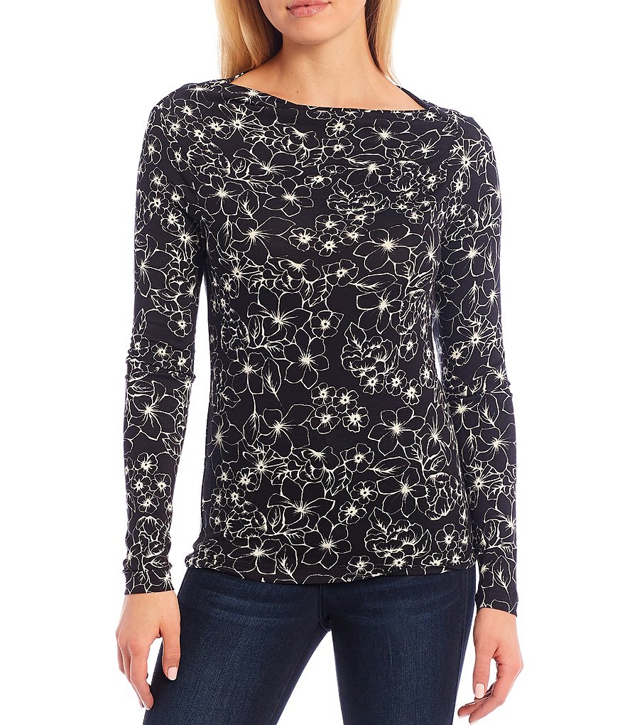 Ella Moss Effie Floral Print Pleat Asymmetrical Neck Long Sleeve Top