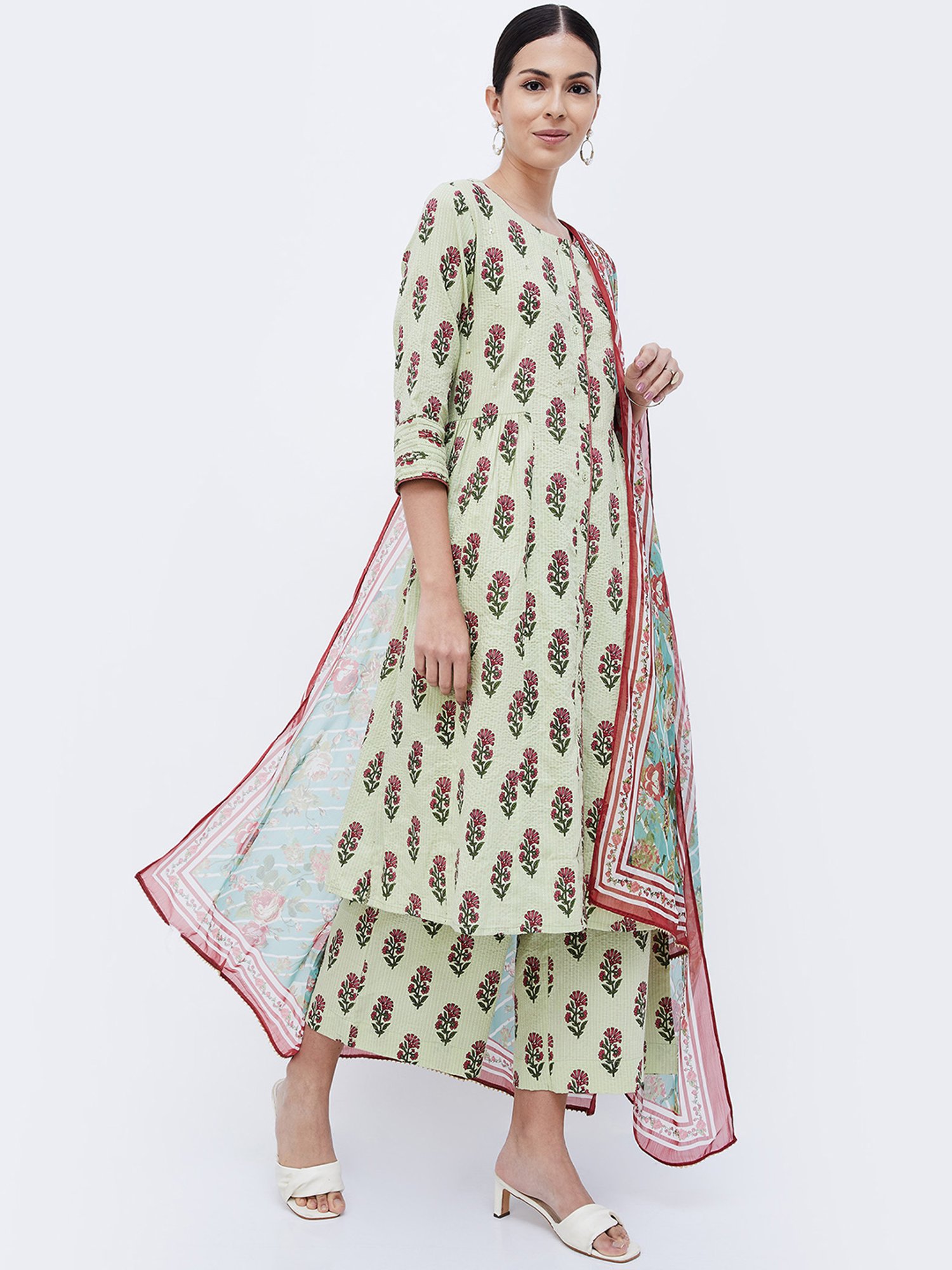 Melange by Lifestyle Sea Green & Pink Floral Print Kurta With Pants