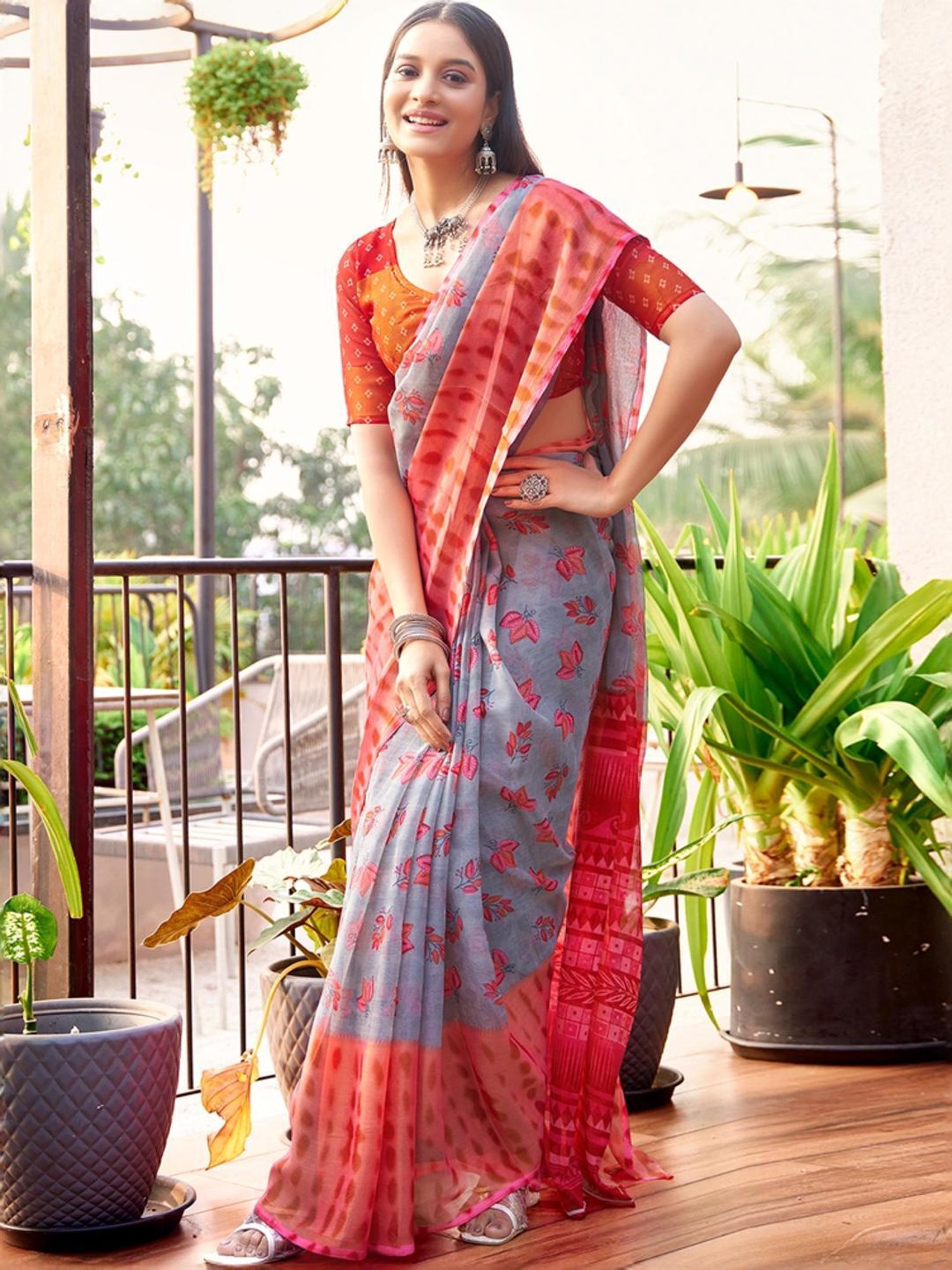 Satrani Grey & Orange Floral Print Saree With Unstitched Blouse