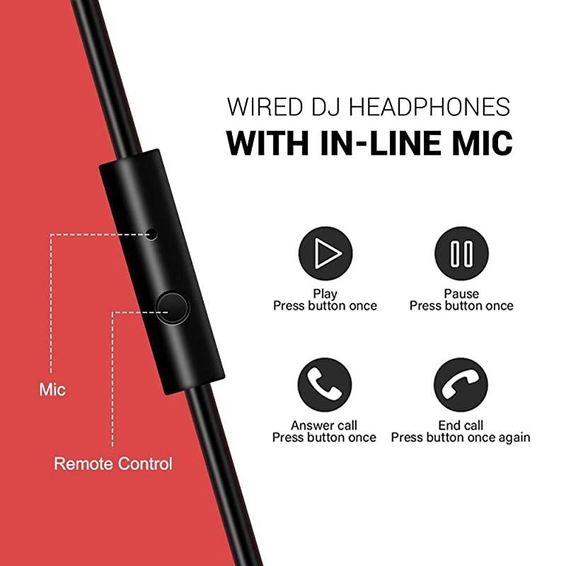 Over Ear Headphone Wired Bass Headsets with 50mm Driver Foldable Lightweight Headphones with Shareport and Mic for Recording Monitoring Podcast Guitar PC TV Red