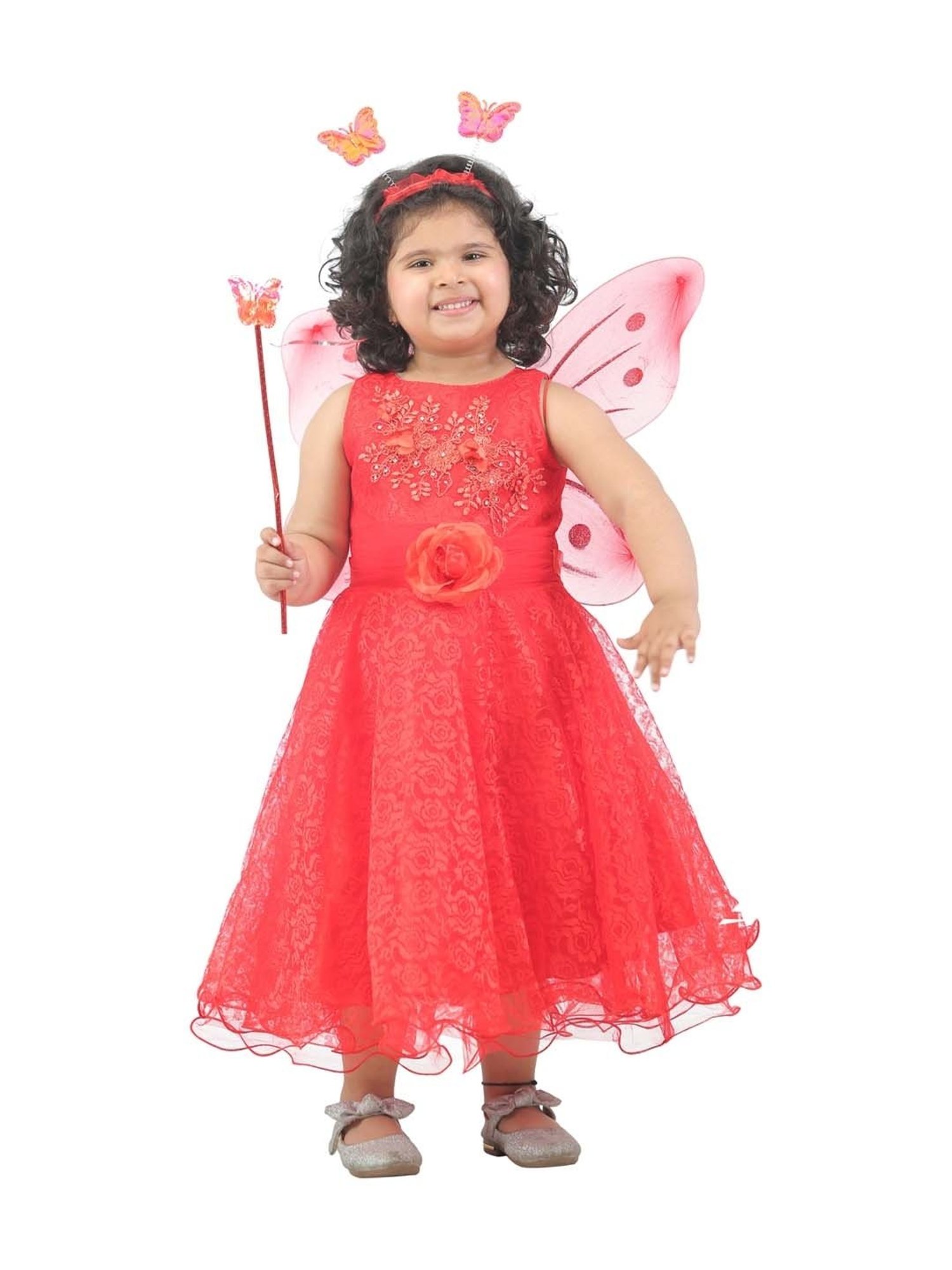 Ahhaaaa Kids Red Cotton Sequence Dress