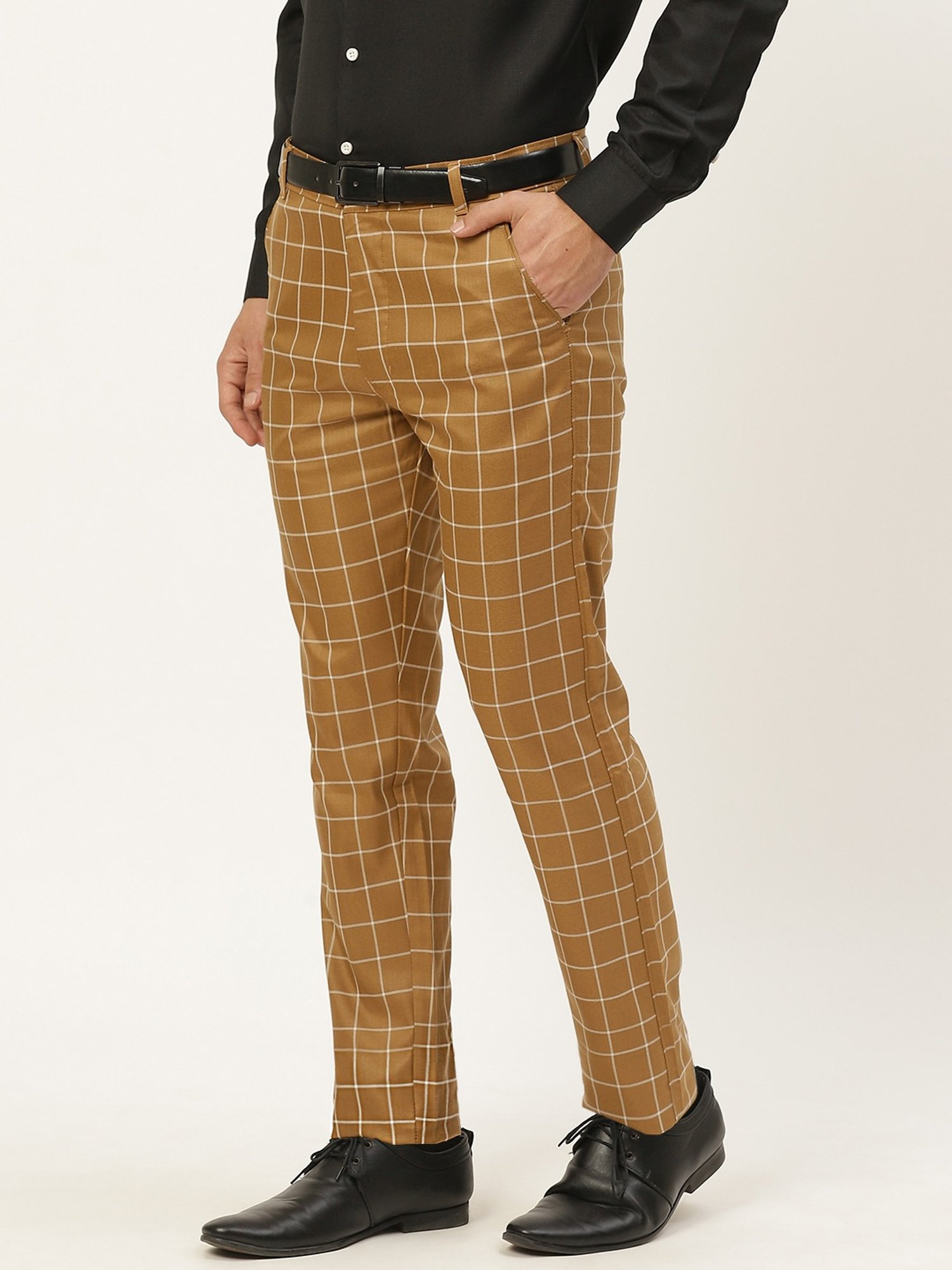 Sojanya Beige Cotton Regular Slim Fit Checks Flat Front Trousers