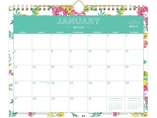 Day Designer Wirebound Wall Calendar, 11 x 8 3/4, White Floral, 2019 103629