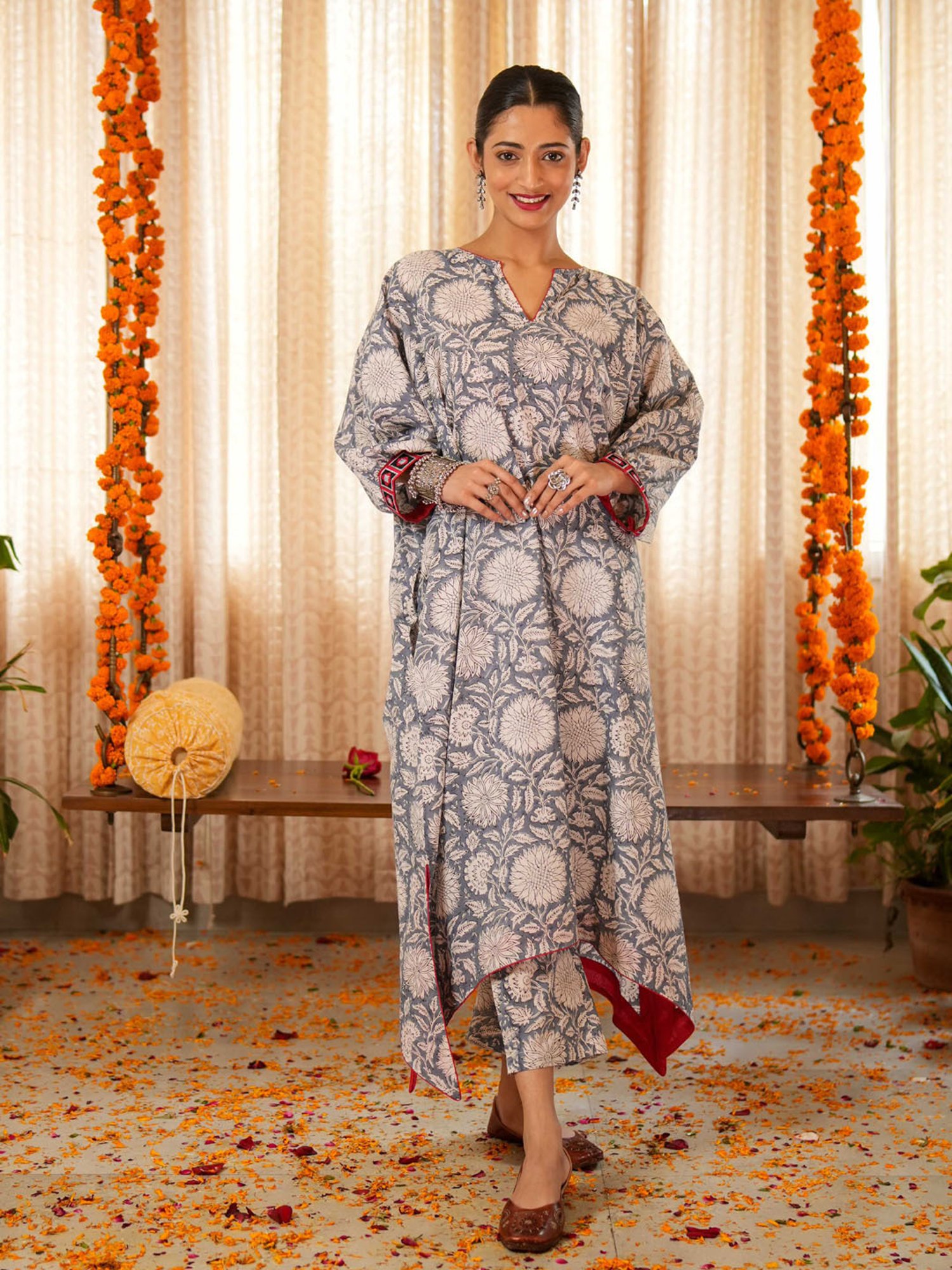 Akiso Bahama Blue Hand Asymmetrical Kaftan with Border