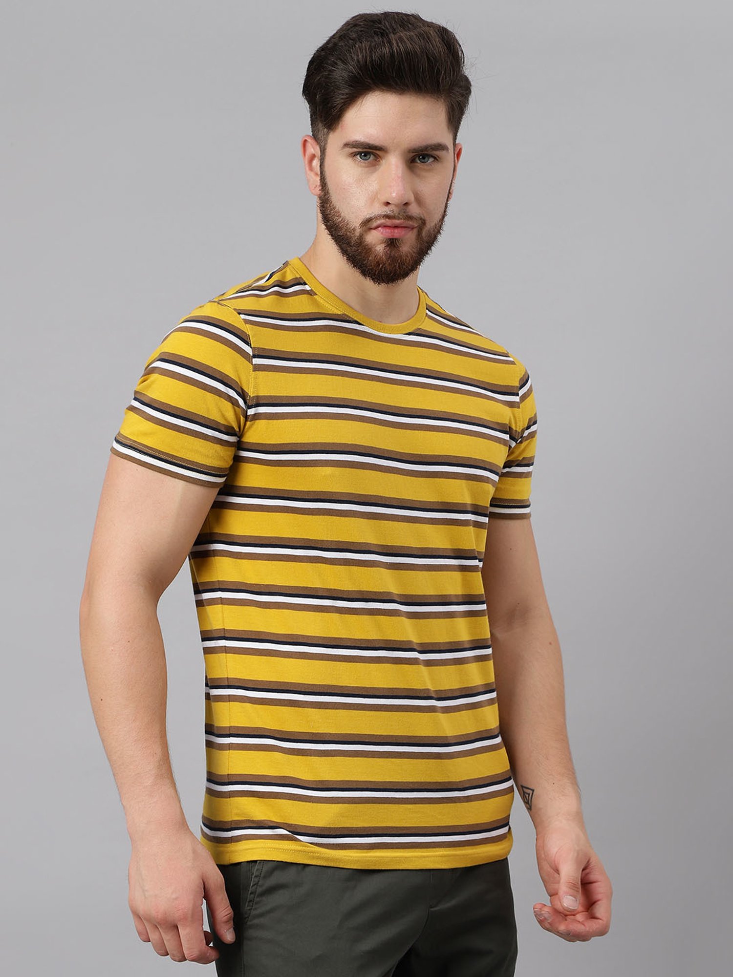 Woodland Mustard Cotton Regular Fit Striped T-Shirt