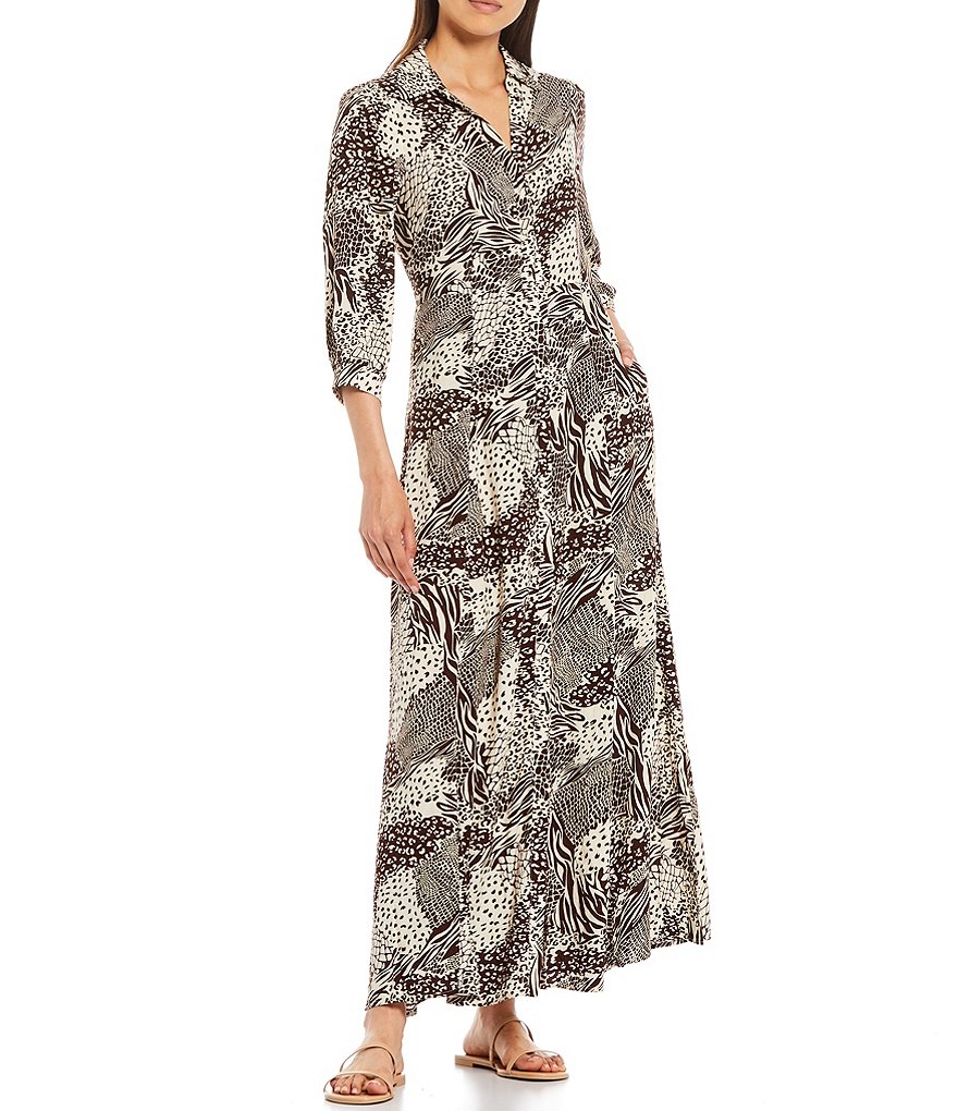 Skies Are Blue Animal Patchwork Print 3/4 Sleeve Maxi Shirt Dress