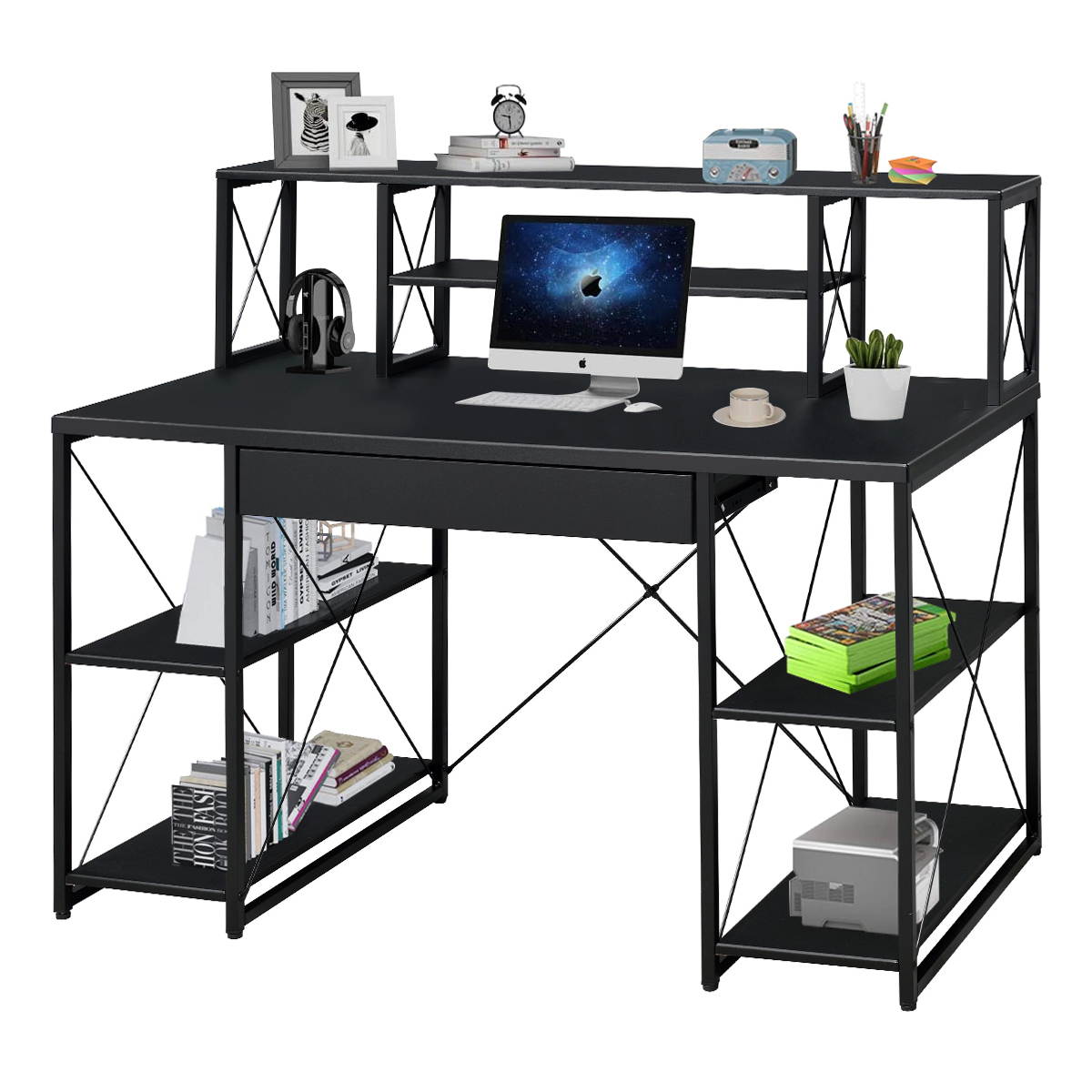 47" Gaming Desk, PC Computer Desk, Home Office Desk,PC E-Sports Gaming Workstation Gamer Tables Writing Table with PC Stand Shelf Keyboard Stand, Black, GT99