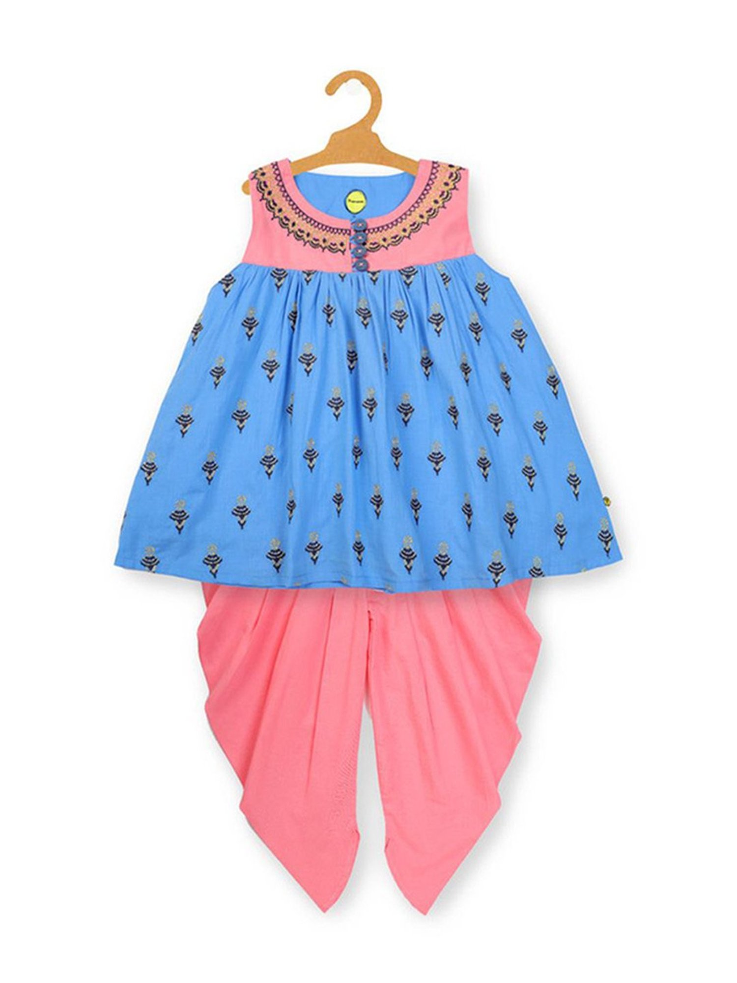 Pranava organics Kids Blue & Pink Printed Anarkali Set