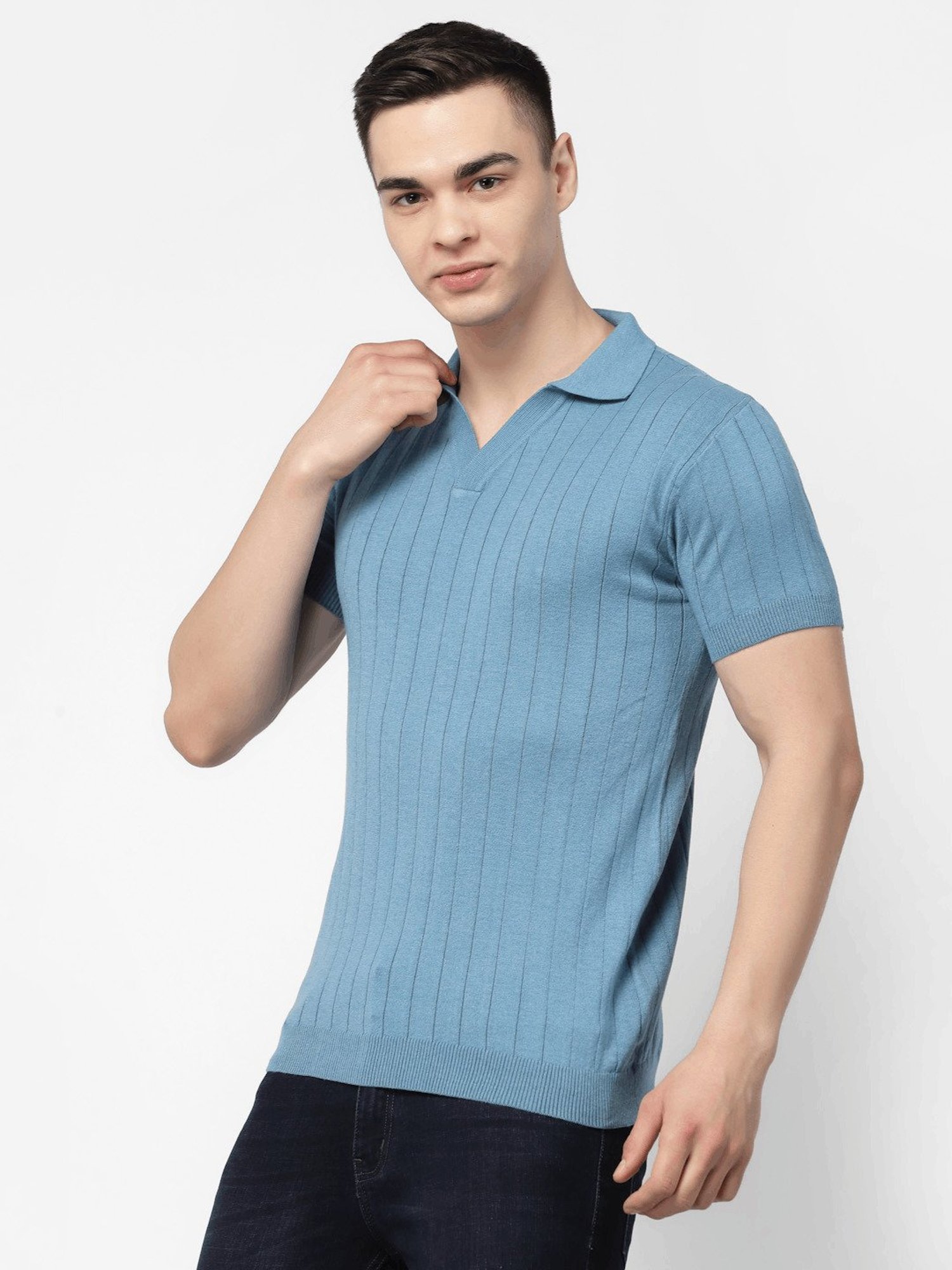 Kalt Light Blue Regular Fit Striped Polo T-Shirt