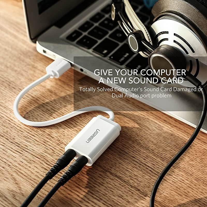USB Audio Adapter External Stereo Sound Card with 35mm Headphone and Microphone Jack for Windows Mac Linux PC Laptops Desktops PS5 White