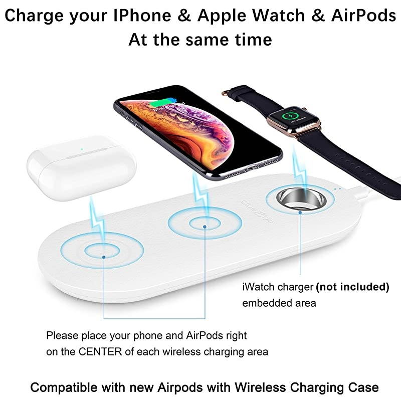 Wireless Charging Pad 3 in 1 Multiple Devices Charging Station Charging Leather Mat Compatible with Airpods Pro Apple Watch Series 5 4 3 iPhone 11 Pro Max Xs Xr with QC 30 Adapter White