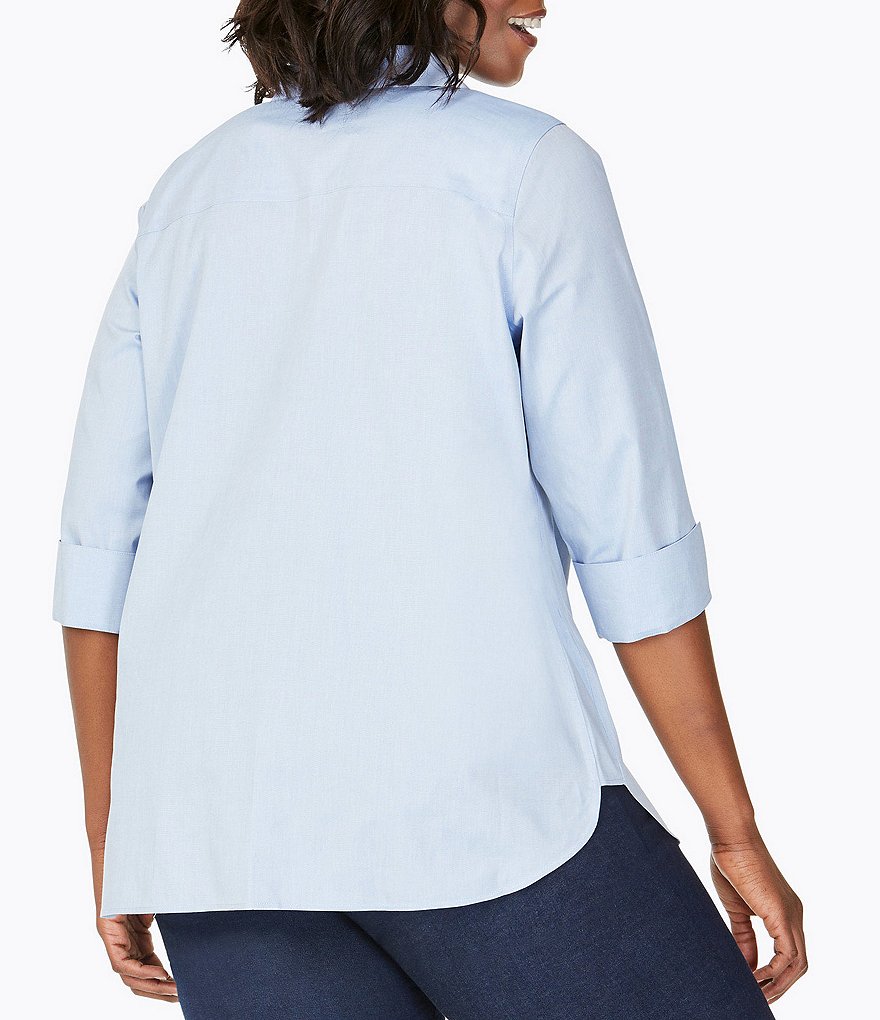 Foxcroft Plus Size Pandora 3/4 Sleeve Spread Point Collar Neck Button Front Shaped Tunic